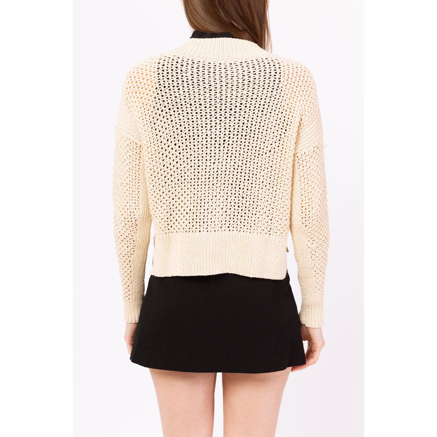 Vintage Y2K Cream Crochet Knit Cardigan - Small to Medium | Minimalist Cropped Button Up Open Weave Lightweight Sweater