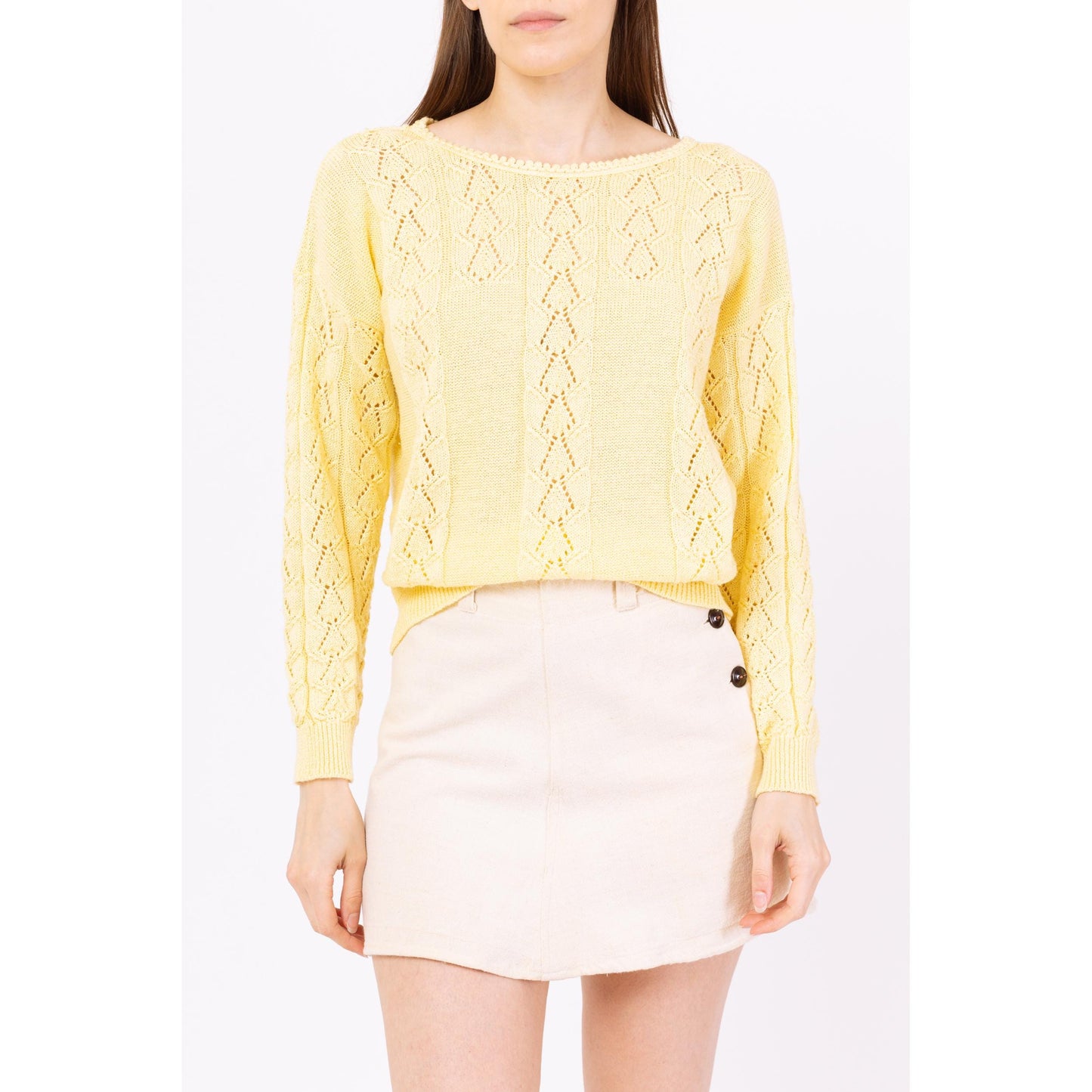 Vintage 70s Butter Yellow Eyelet Knit Sweater - Medium | Boho Lightweight Knit Pullover, Cottagecore Pastel Spring Sweater