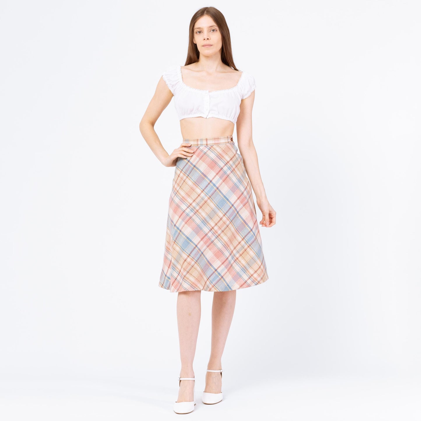 Vintage 70s Pastel Plaid Schoolgirl Midi Skirt - Extra Small, 23" Waist | Preppy Light Academia Outfit, A Line High Waisted Wool Knit Skirt