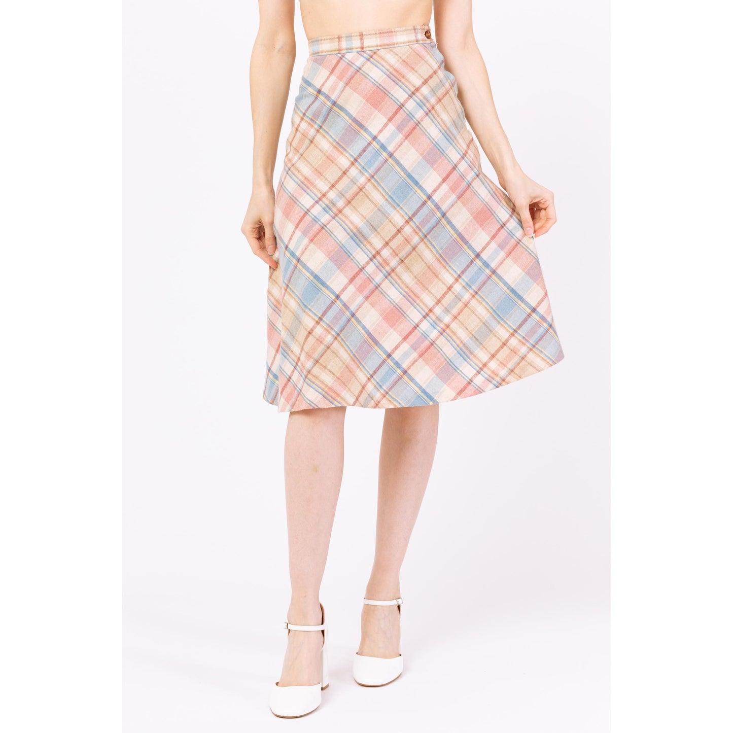 Vintage 70s Pastel Plaid Schoolgirl Midi Skirt - Extra Small, 23" Waist | Preppy Light Academia Outfit, A Line High Waisted Wool Knit Skirt