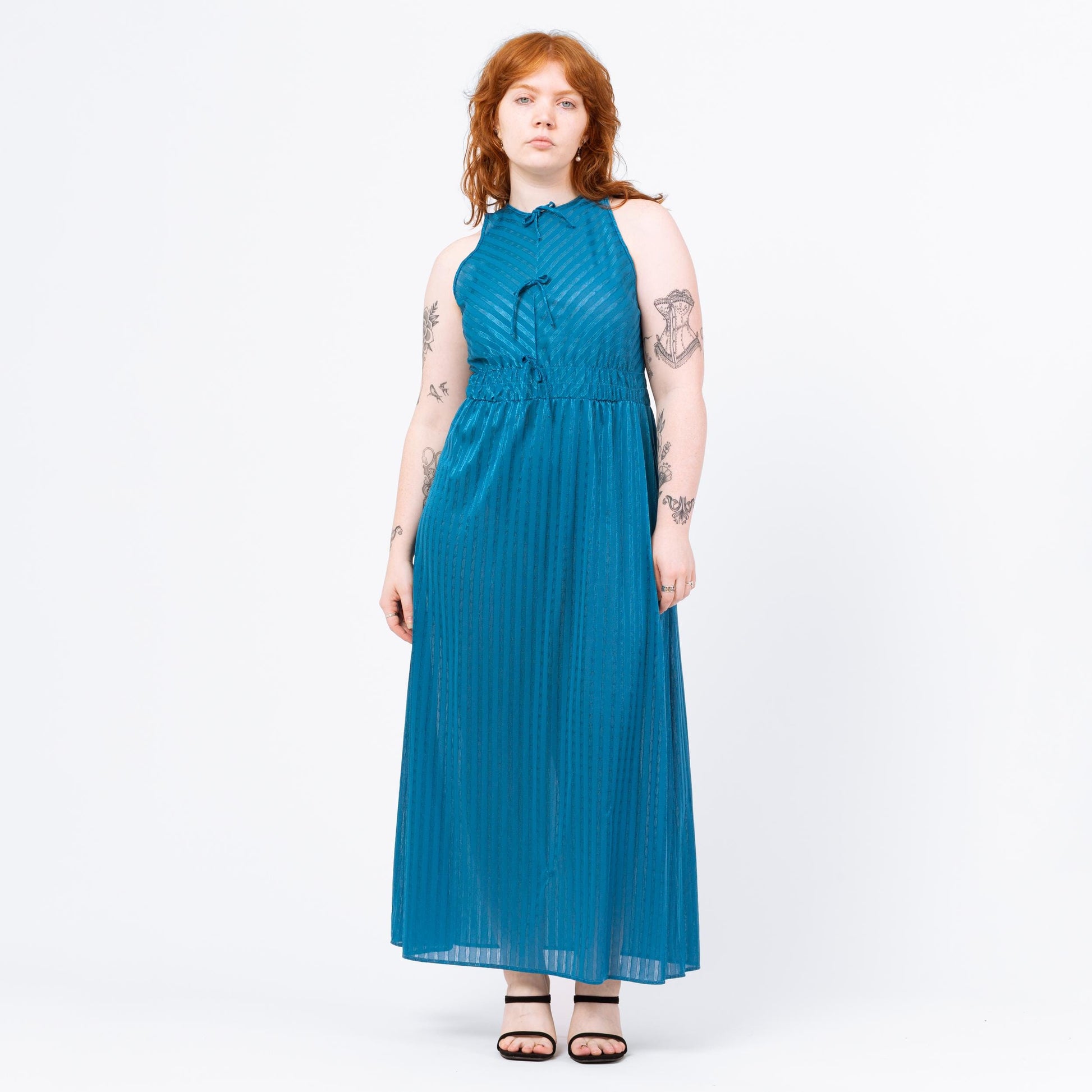 Vintage 70s Teal Blue Maxi Loungewear Slip Dress - Medium | Boho Striped Sleeveless Peignoir Lounge Nightgown