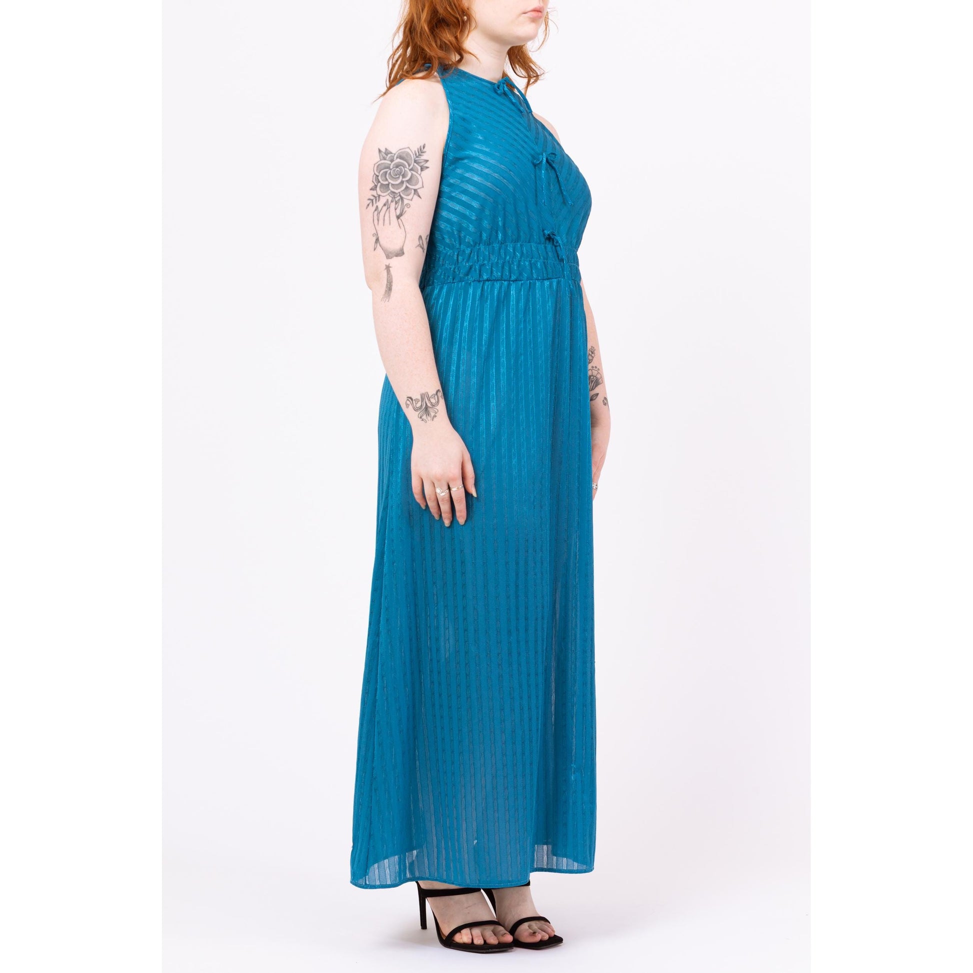 Vintage 70s Teal Blue Maxi Loungewear Slip Dress - Medium | Boho Striped Sleeveless Peignoir Lounge Nightgown