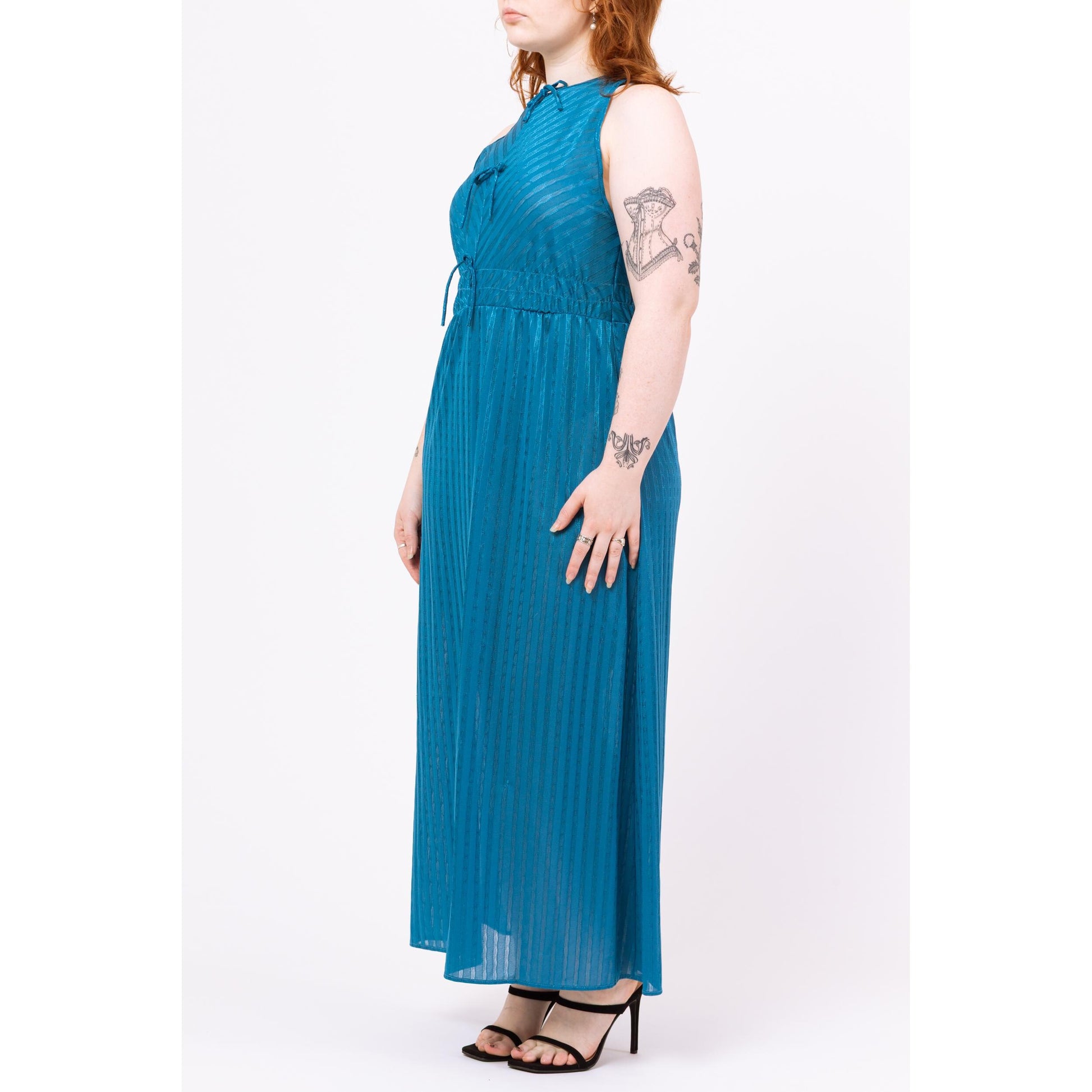 Vintage 70s Teal Blue Maxi Loungewear Slip Dress - Medium | Boho Striped Sleeveless Peignoir Lounge Nightgown