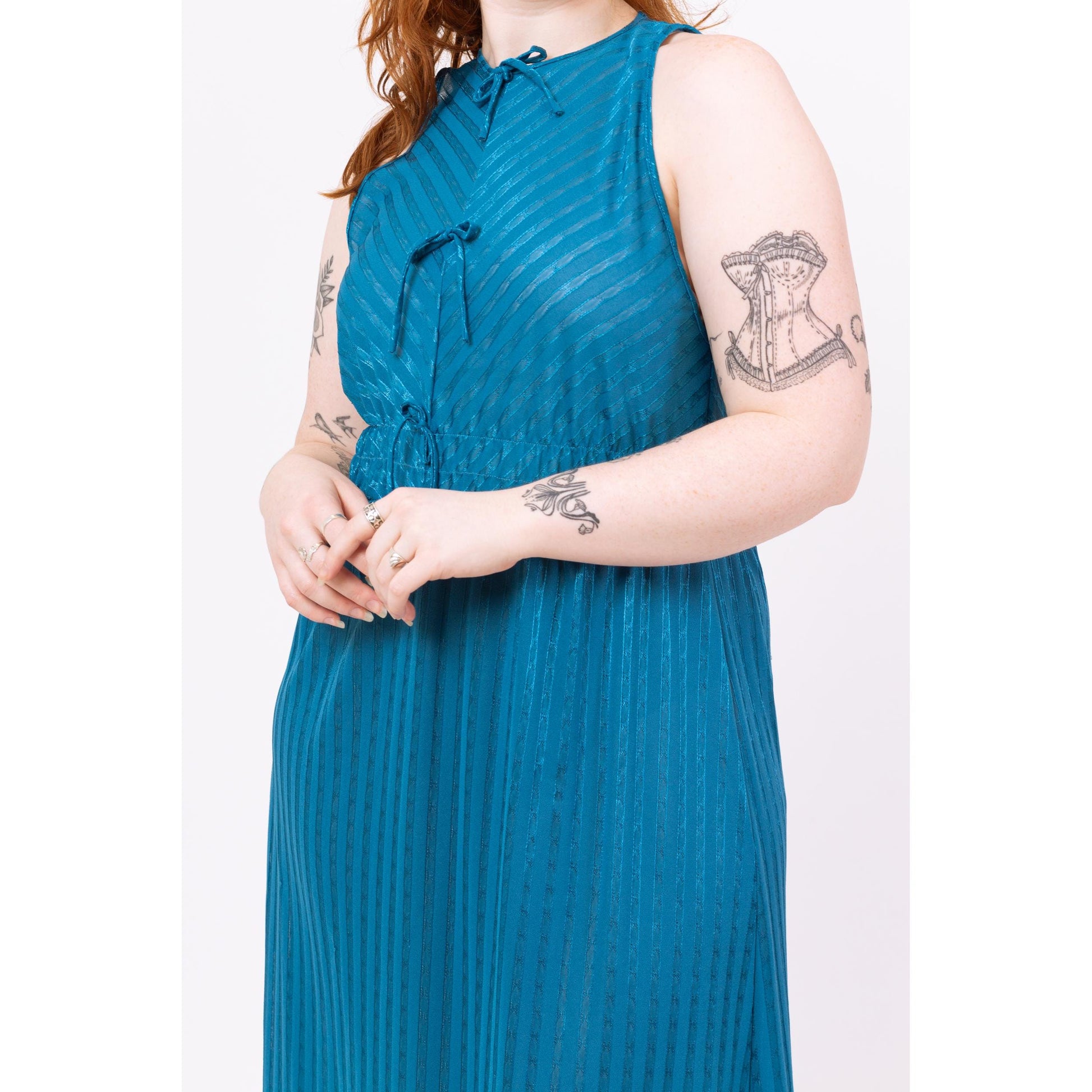 Vintage 70s Teal Blue Maxi Loungewear Slip Dress - Medium | Boho Striped Sleeveless Peignoir Lounge Nightgown