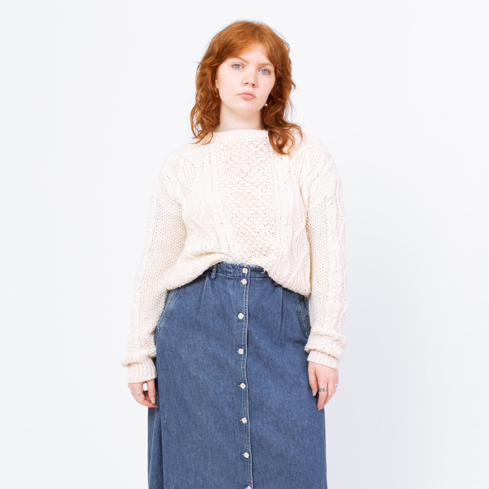 Vintage 80s White Silk Blend Cable Knit Sweater - Large | Slouchy Chunky Knit Pullover, Cozy Fisherman Sweater