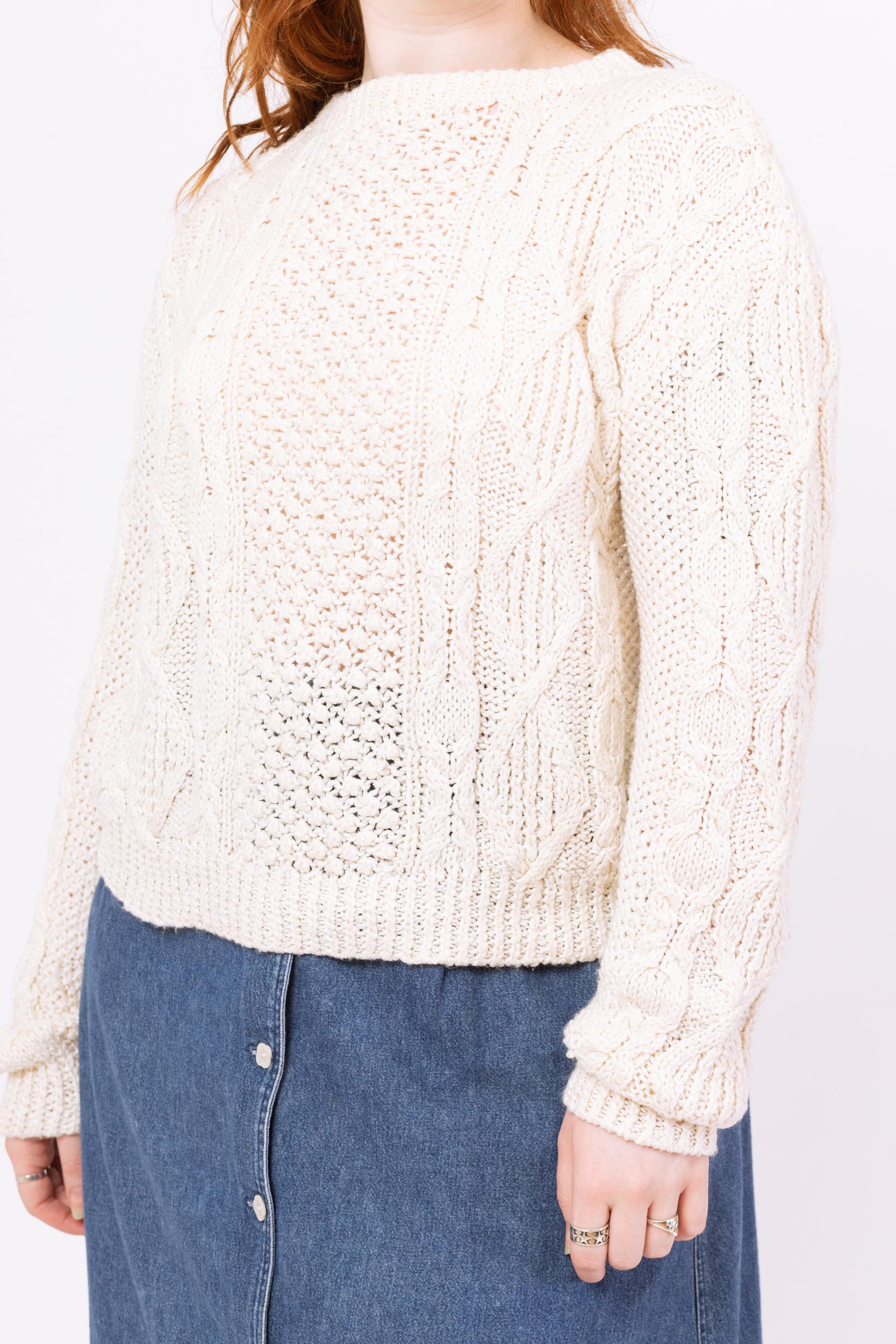 Vintage 80s White Silk Blend Cable Knit Sweater - Large | Slouchy Chunky Knit Pullover, Cozy Fisherman Sweater
