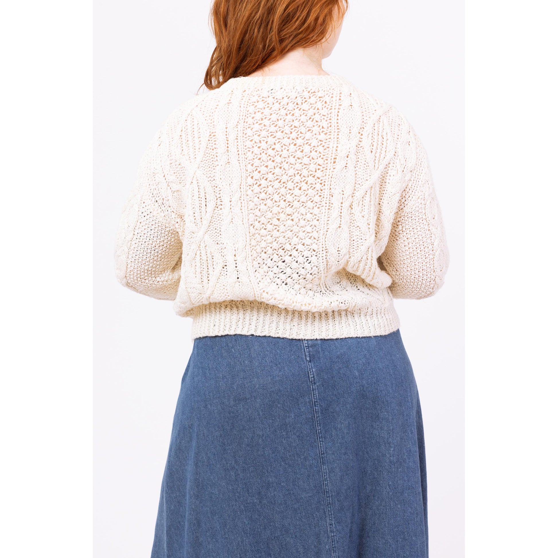 Vintage 80s White Silk Blend Cable Knit Sweater - Large | Slouchy Chunky Knit Pullover, Cozy Fisherman Sweater