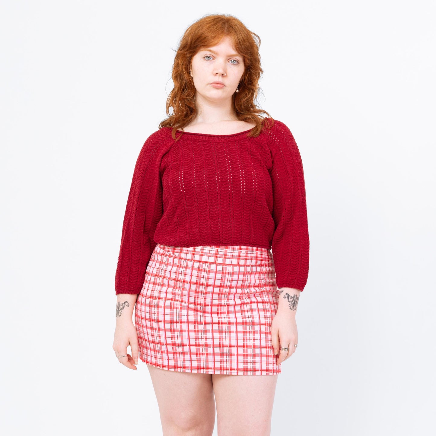 Vintage 90s Wine Red Chevron Pointelle Knit Cropped Sweater - Medium to Large | Maroon Cotton Cropped Boatneck 3/4 Sleeve Pullover