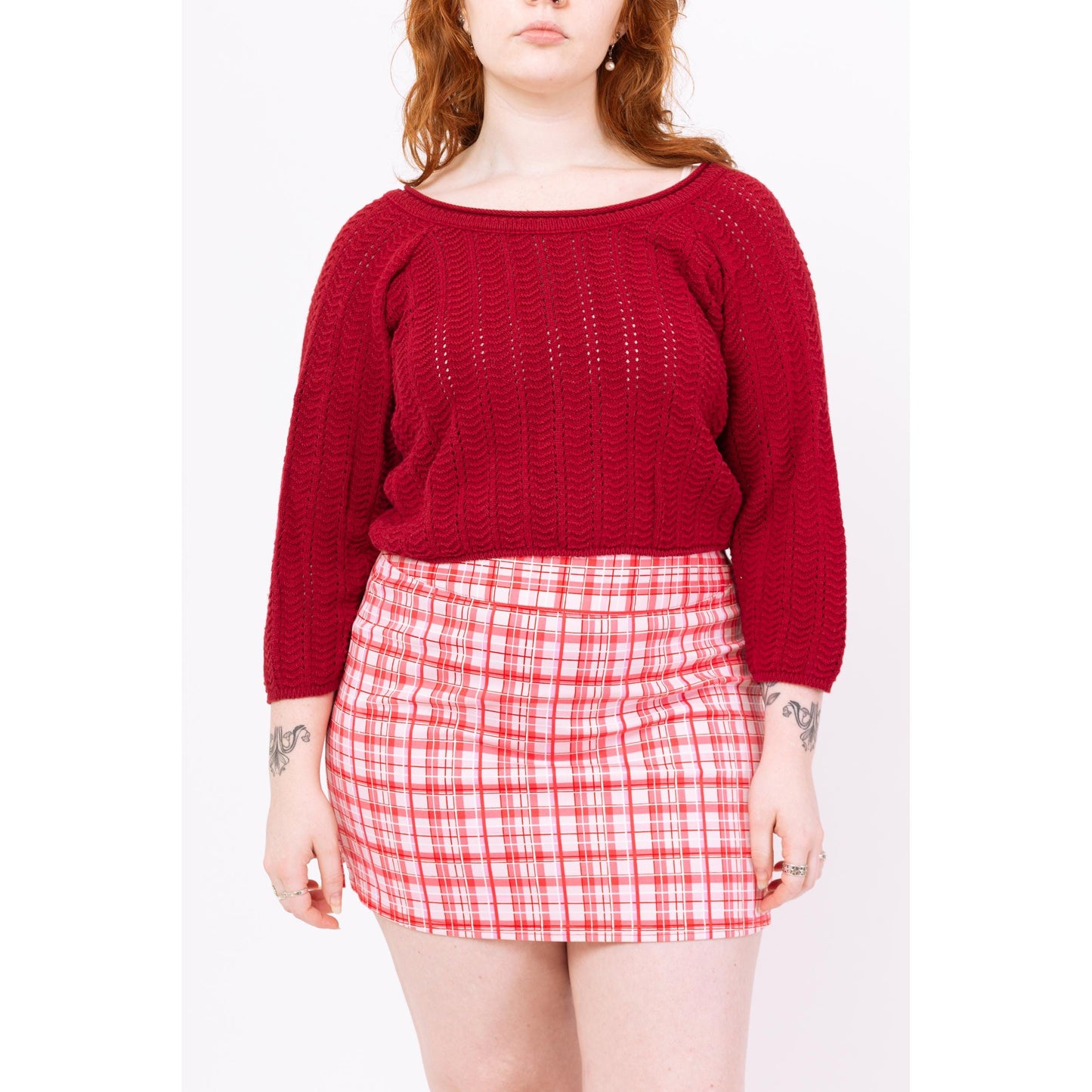 Vintage 90s Wine Red Chevron Pointelle Knit Cropped Sweater - Medium to Large | Maroon Cotton Cropped Boatneck 3/4 Sleeve Pullover