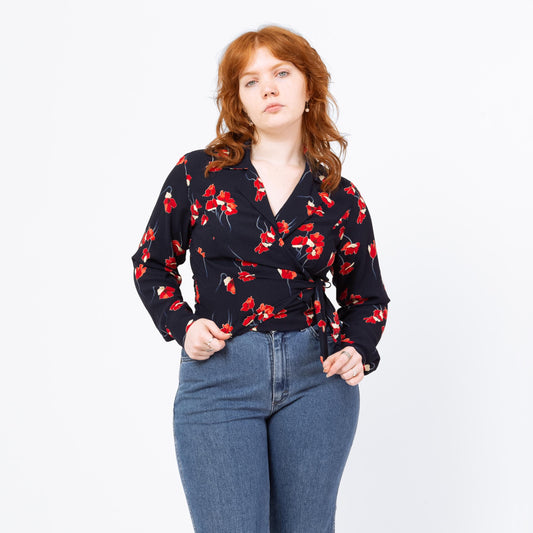 Vintage Y2K Navy Blue Poppy Floral Print Wrap Blouse - Medium | Boho Long Bishop Sleeve V Neck Top