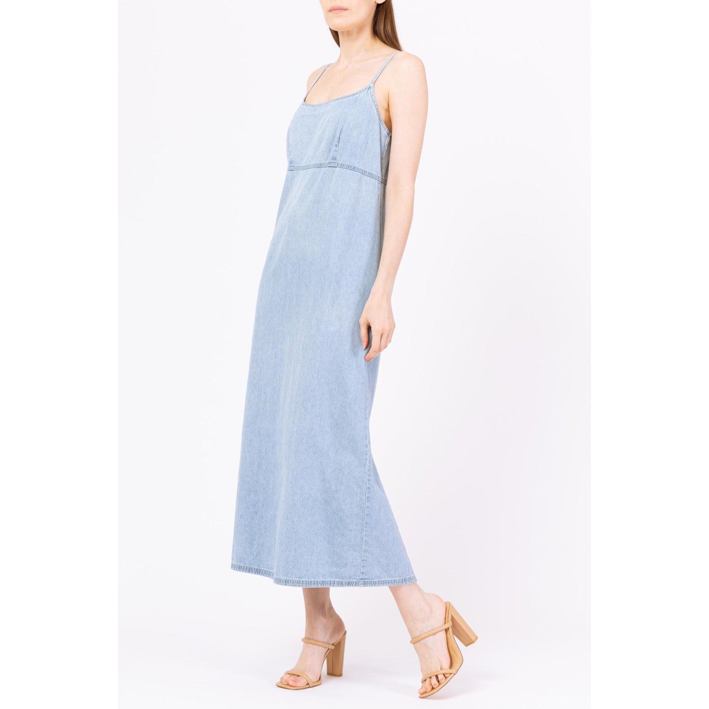 Vintage 90s Light Blue Chambray Maxi Dress - Small | Minimalist A Line Spaghetti Strap Grunge Denim Sundress