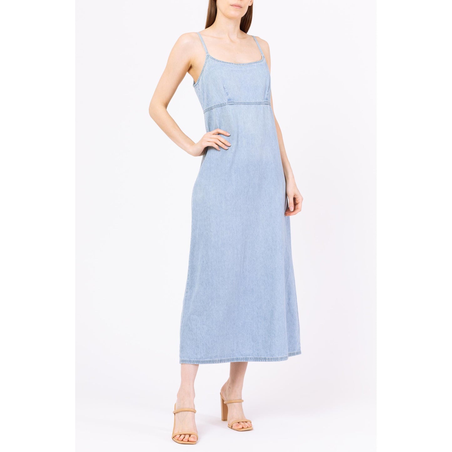 Vintage 90s Light Blue Chambray Maxi Dress - Small | Minimalist A Line Spaghetti Strap Grunge Denim Sundress