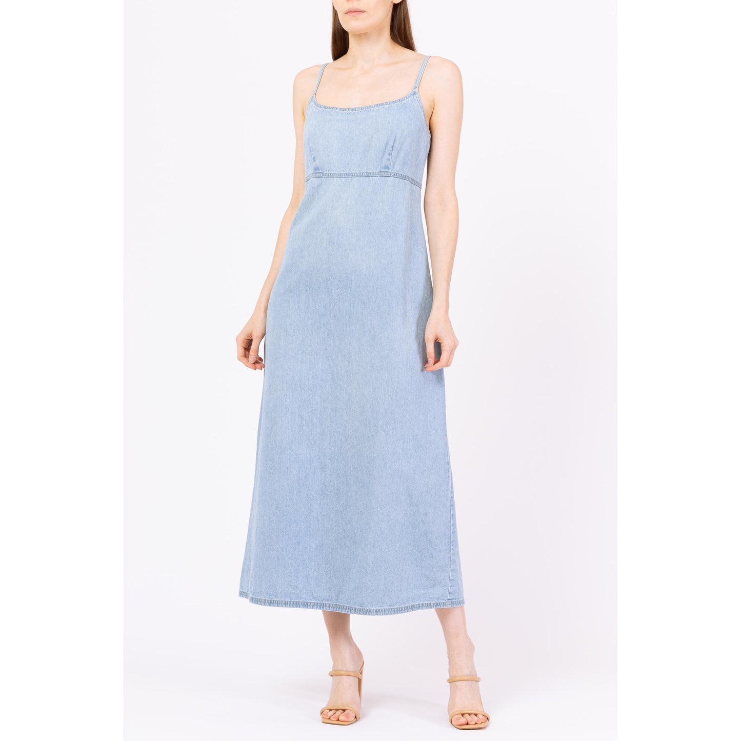 Vintage 90s Light Blue Chambray Maxi Dress - Small | Minimalist A Line Spaghetti Strap Grunge Denim Sundress