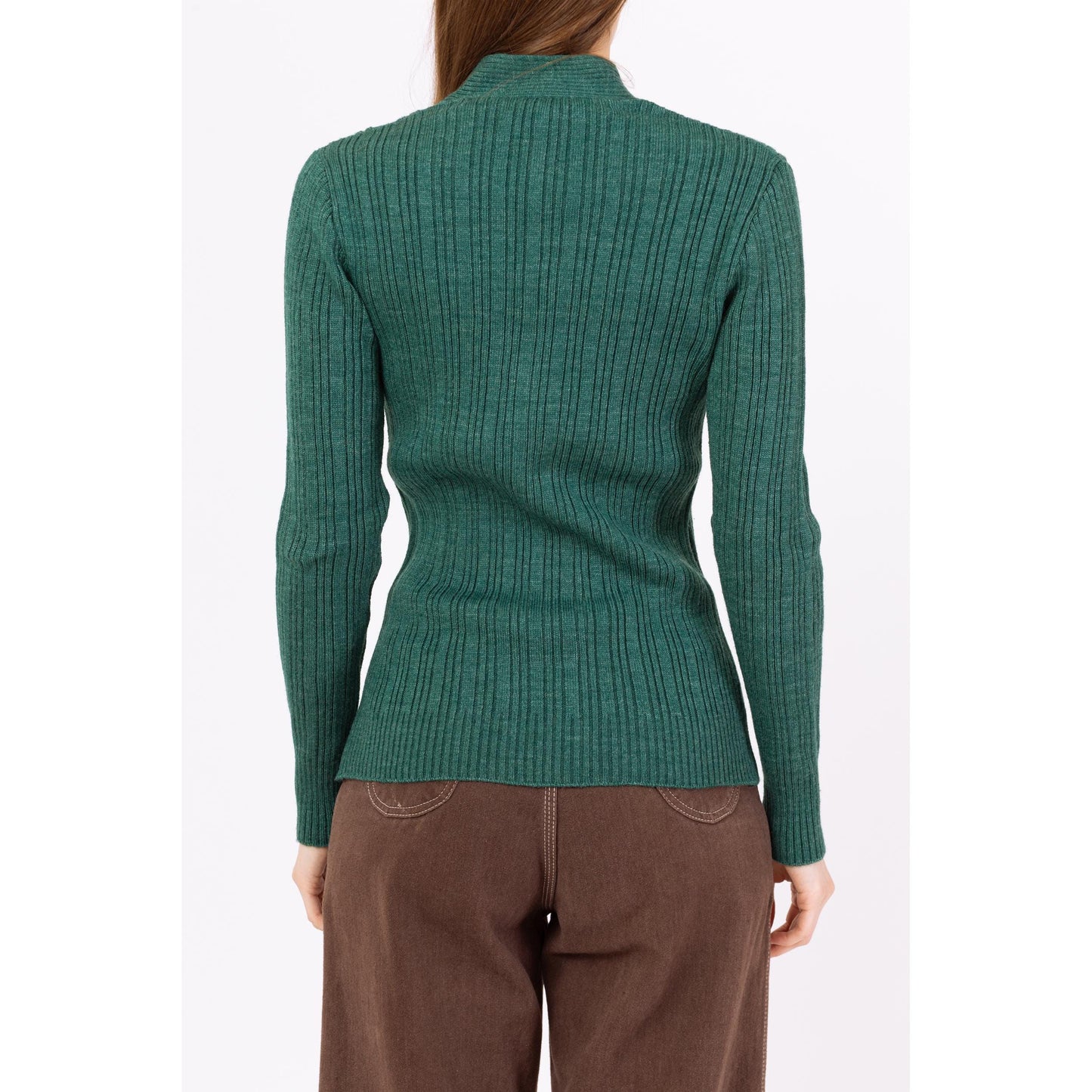 Vintage 80s Emerald Green Cable Knit Fitted Cardigan - Small | Button Up V Neck Lightweight Sweater