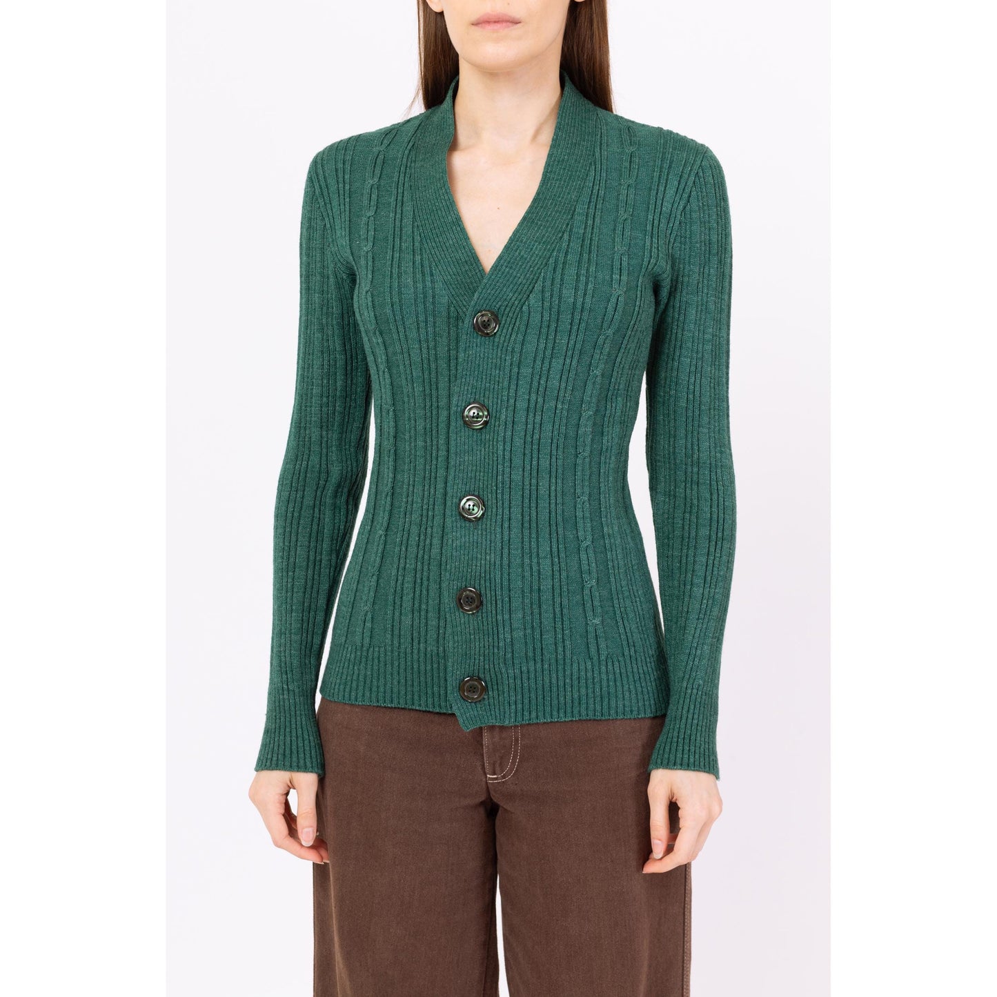 Vintage 80s Emerald Green Cable Knit Fitted Cardigan - Small | Button Up V Neck Lightweight Sweater