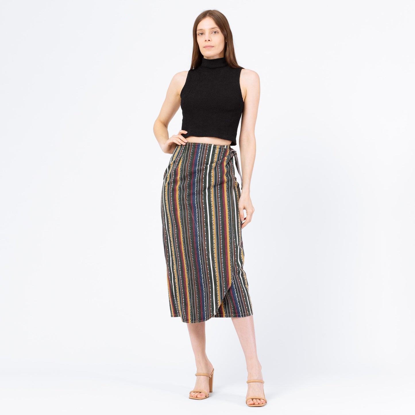 Vintage 90s Southwestern Striped Denim Midi Wrap Skirt - Extra Small, 24" Waist | High Waisted Green Earth Tone Boho Grunge Jean Skirt