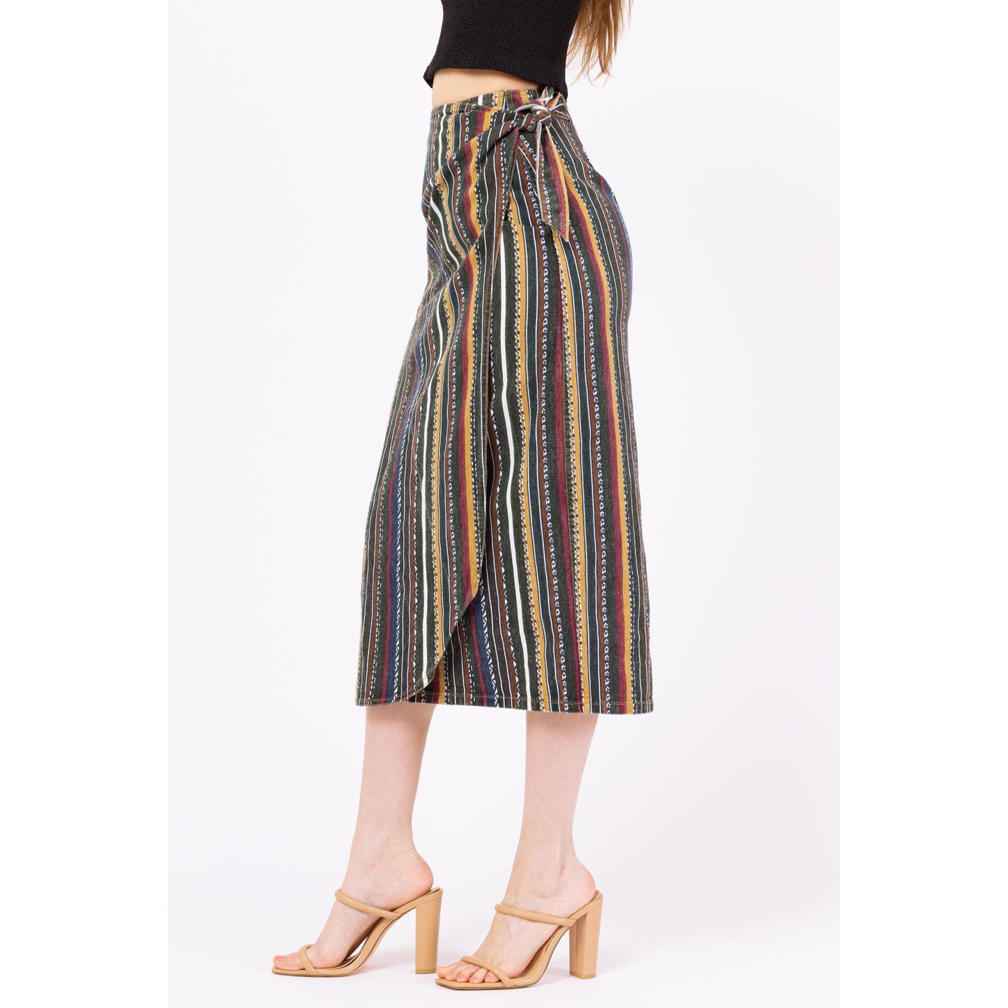 Vintage 90s Southwestern Striped Denim Midi Wrap Skirt - Extra Small, 24" Waist | High Waisted Green Earth Tone Boho Grunge Jean Skirt