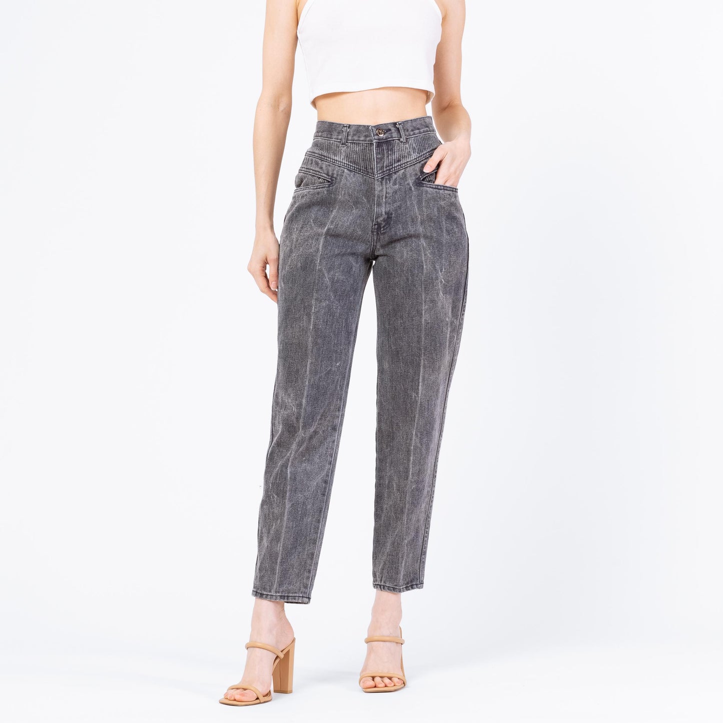 Vintage 80s Slate Grey Acid Wash Jeans - Small, 26" Waist | High Waisted Ribbed Denim Slant Pocket Yoked Streetwear Mom Jeans