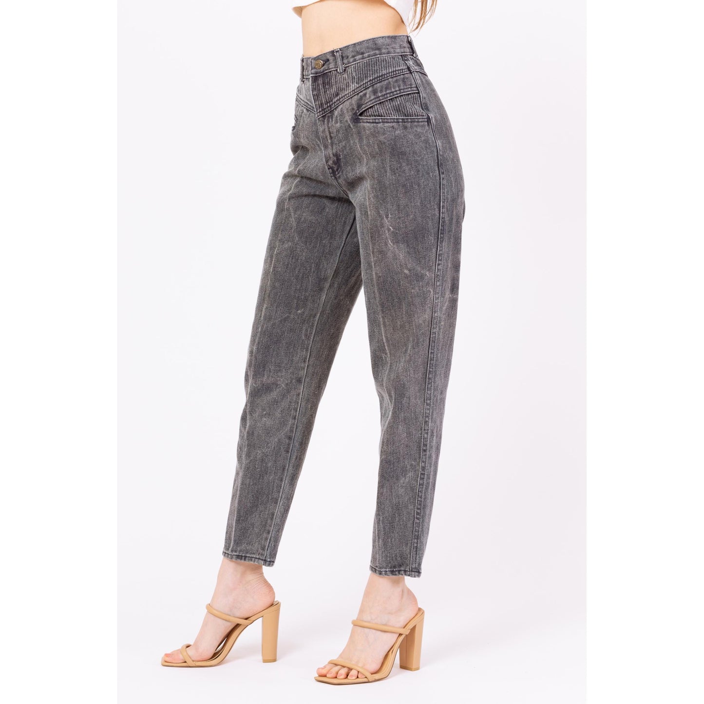 Vintage 80s Slate Grey Acid Wash Jeans - Small, 26" Waist | High Waisted Ribbed Denim Slant Pocket Yoked Streetwear Mom Jeans