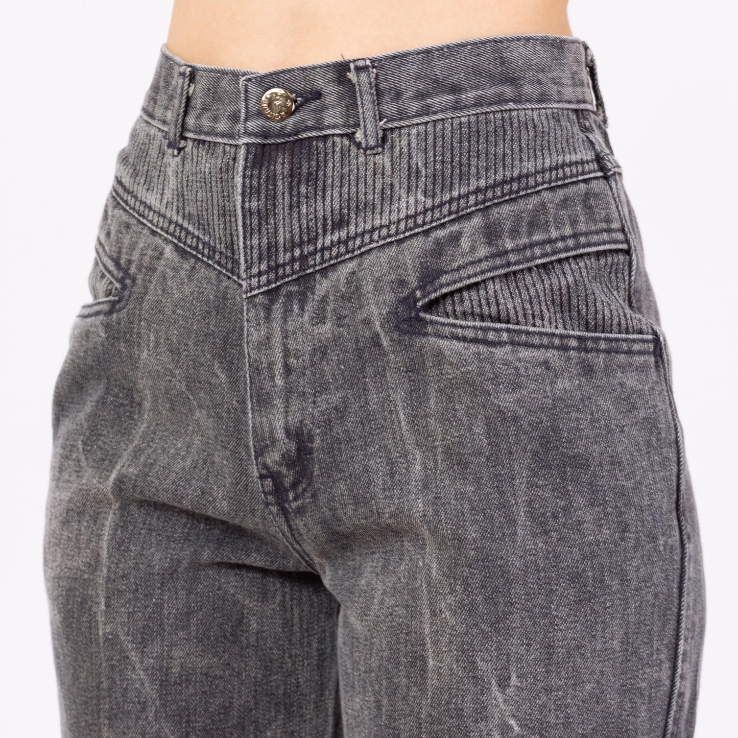 Vintage 80s Slate Grey Acid Wash Jeans - Small, 26" Waist | High Waisted Ribbed Denim Slant Pocket Yoked Streetwear Mom Jeans