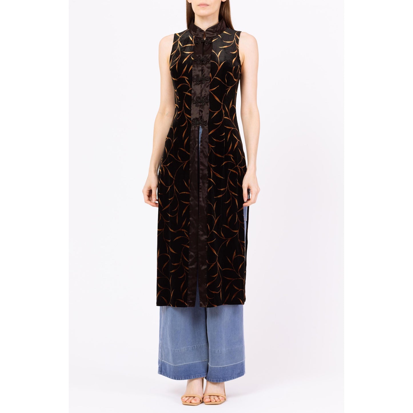 Vintage 90s Black & Gold Velvet Gothic Duster Top - Small | Cache Leaf Print Mandarin Collar Tailcoat, Witchy Long Tunic Vest