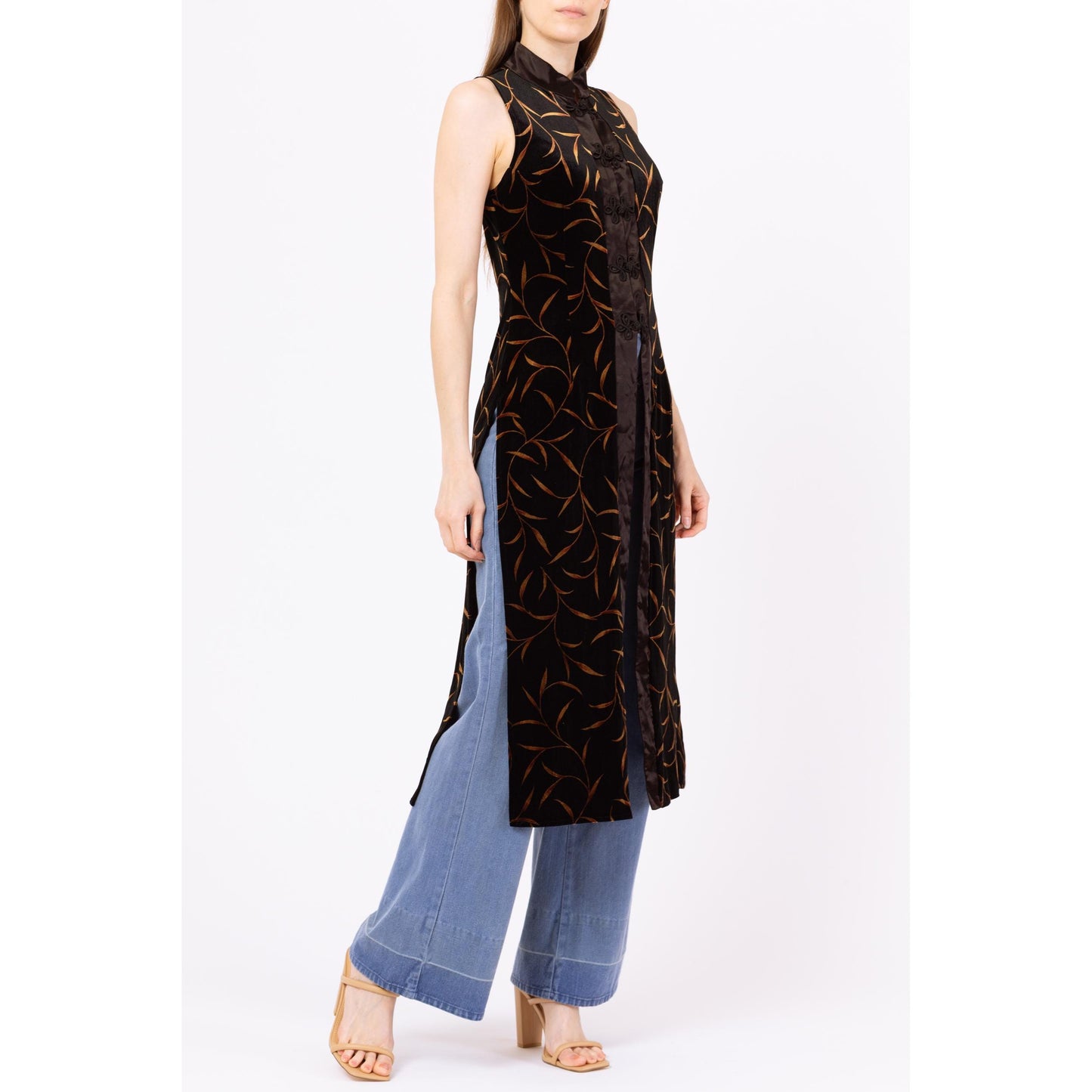 Vintage 90s Black & Gold Velvet Gothic Duster Top - Small | Cache Leaf Print Mandarin Collar Tailcoat, Witchy Long Tunic Vest