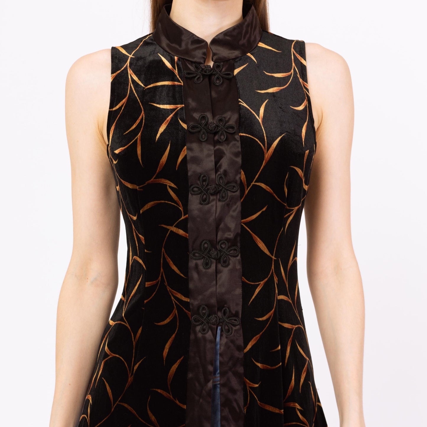 Vintage 90s Black & Gold Velvet Gothic Duster Top - Small | Cache Leaf Print Mandarin Collar Tailcoat, Witchy Long Tunic Vest