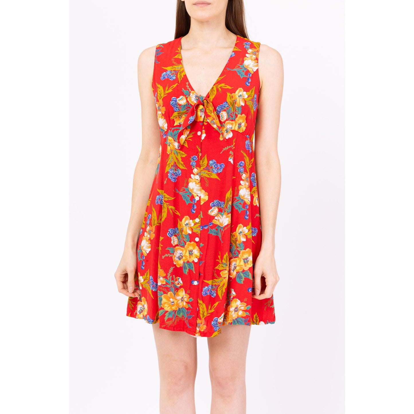Vintage 90s Red Tropical Floral Tie Front Mini Sundress - Small | Boho Flower Print Sleeveless Button Up Summer Dress
