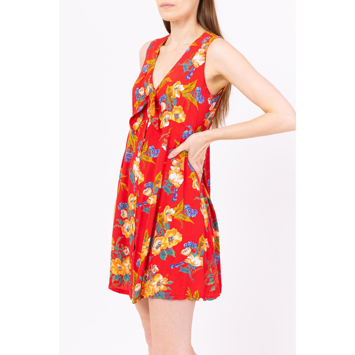 Vintage 90s Red Tropical Floral Tie Front Mini Sundress - Small | Boho Flower Print Sleeveless Button Up Summer Dress