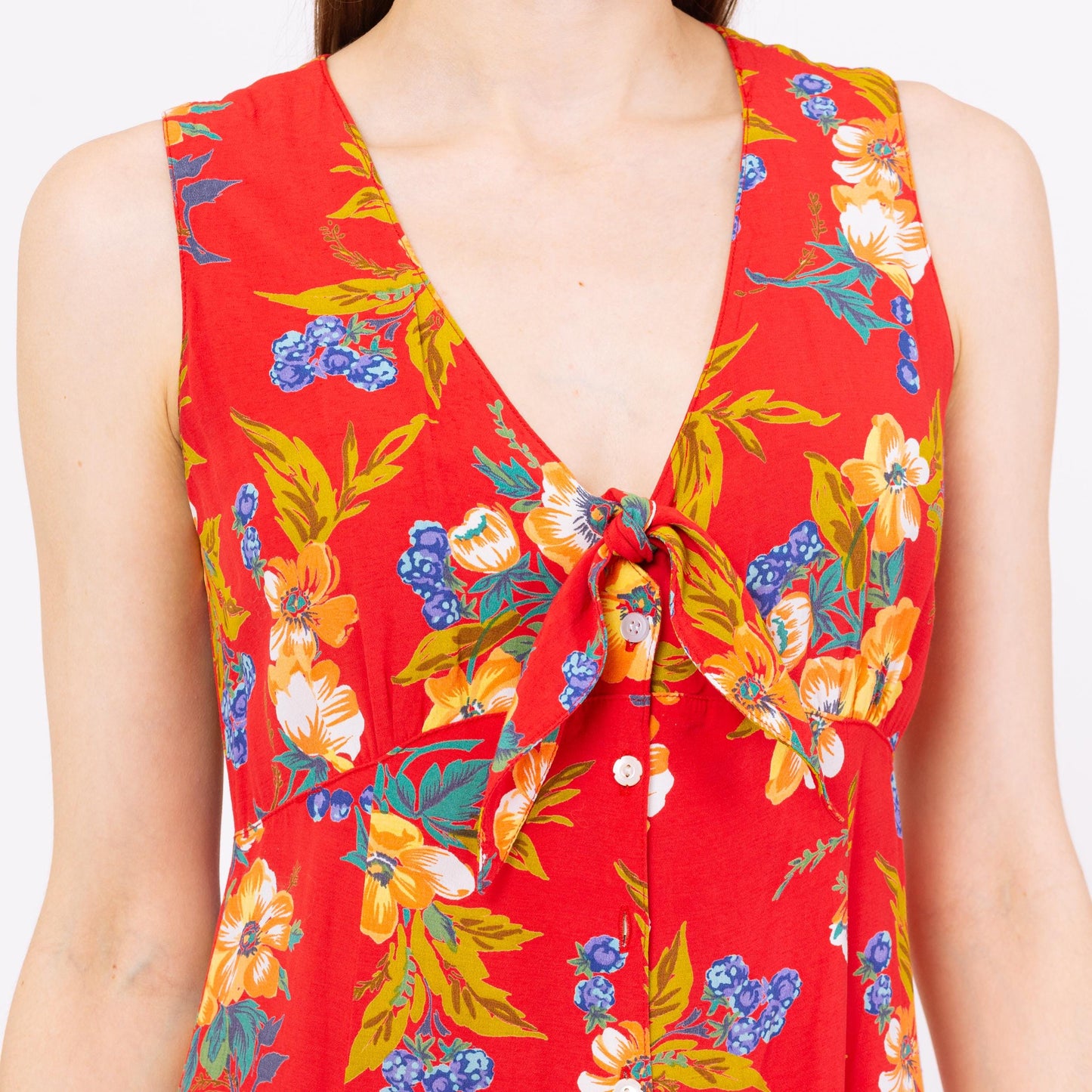 Vintage 90s Red Tropical Floral Tie Front Mini Sundress - Small | Boho Flower Print Sleeveless Button Up Summer Dress
