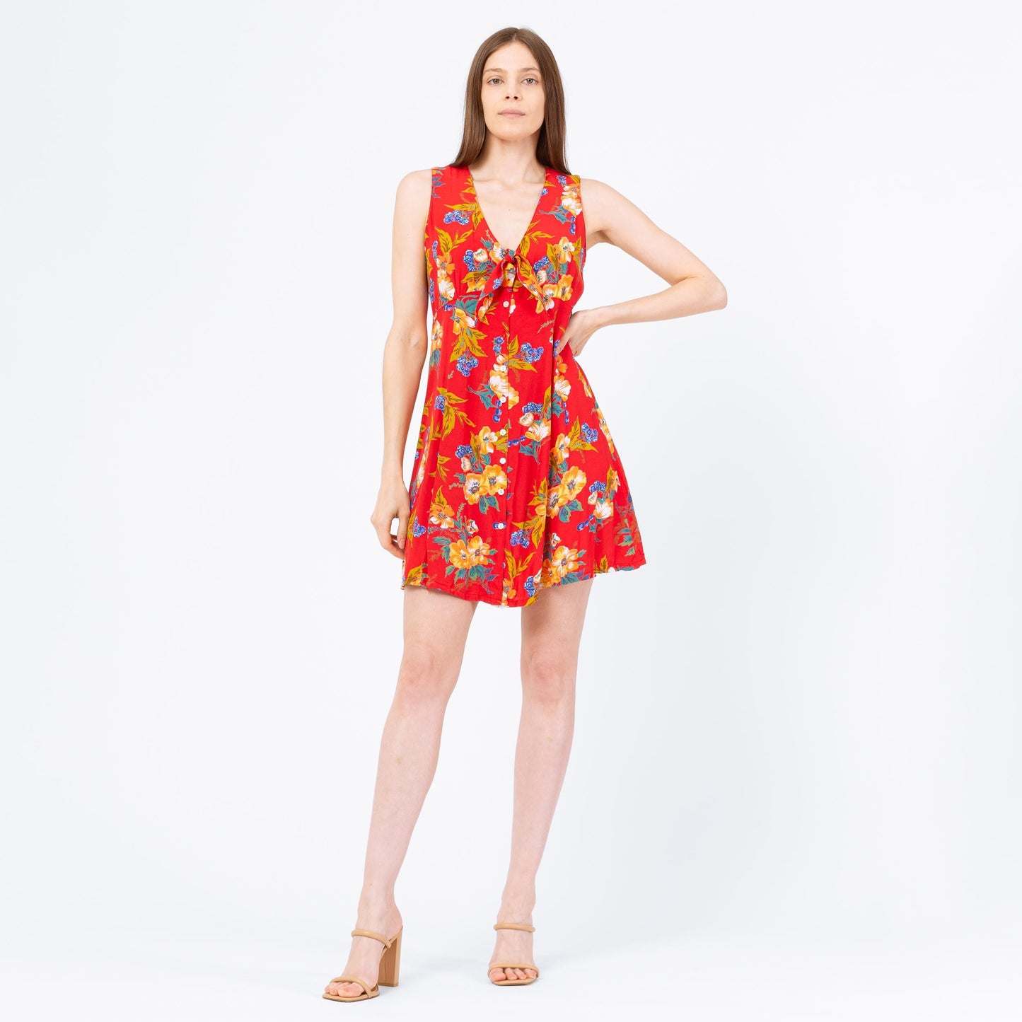 Vintage 90s Red Tropical Floral Tie Front Mini Sundress - Small | Boho Flower Print Sleeveless Button Up Summer Dress