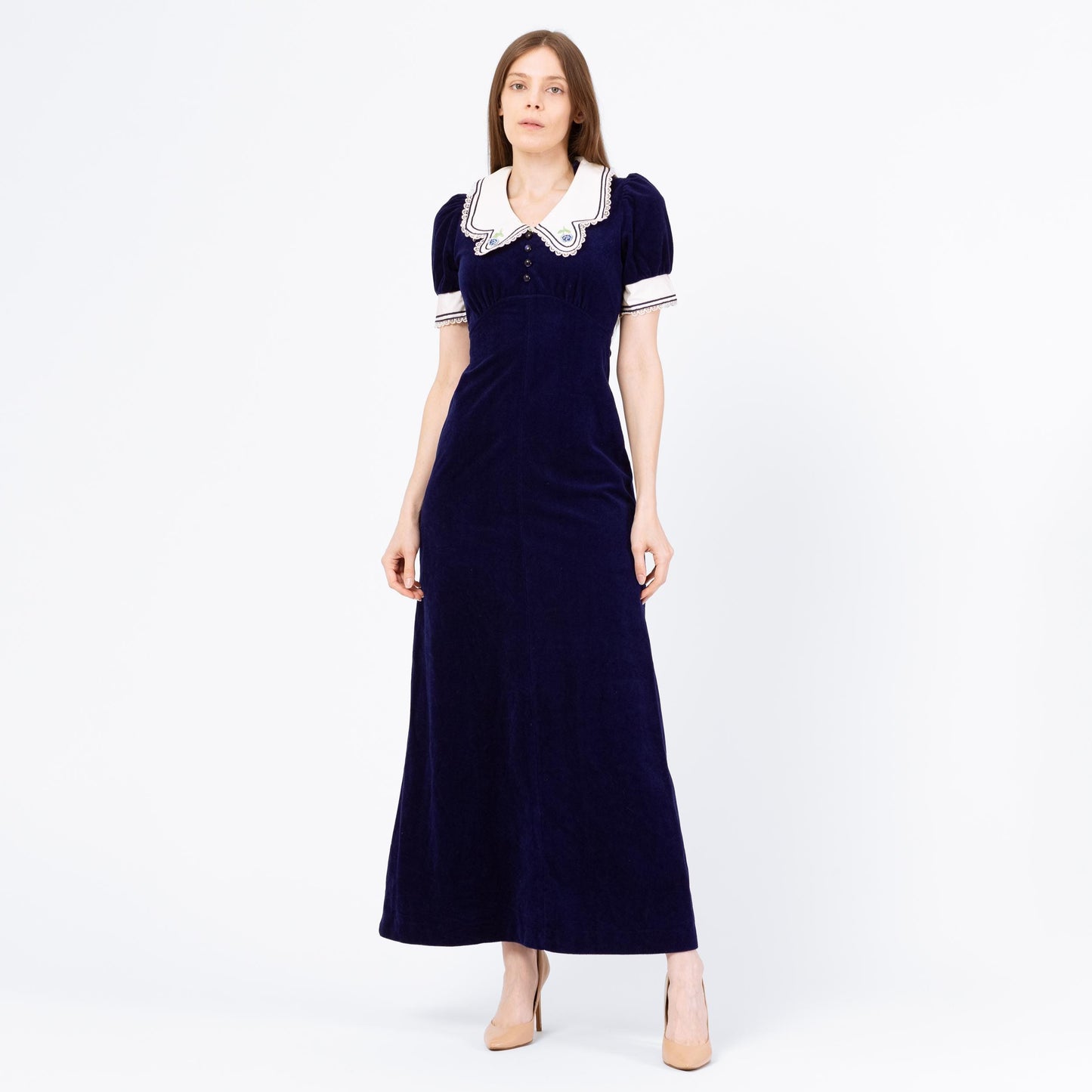 Vintage 70s Navy Blue Velour Sailor Collar Maxi Dress - Extra Small | Gothic A Line Babydoll Gown, Romantic Dark Academia Party Dress