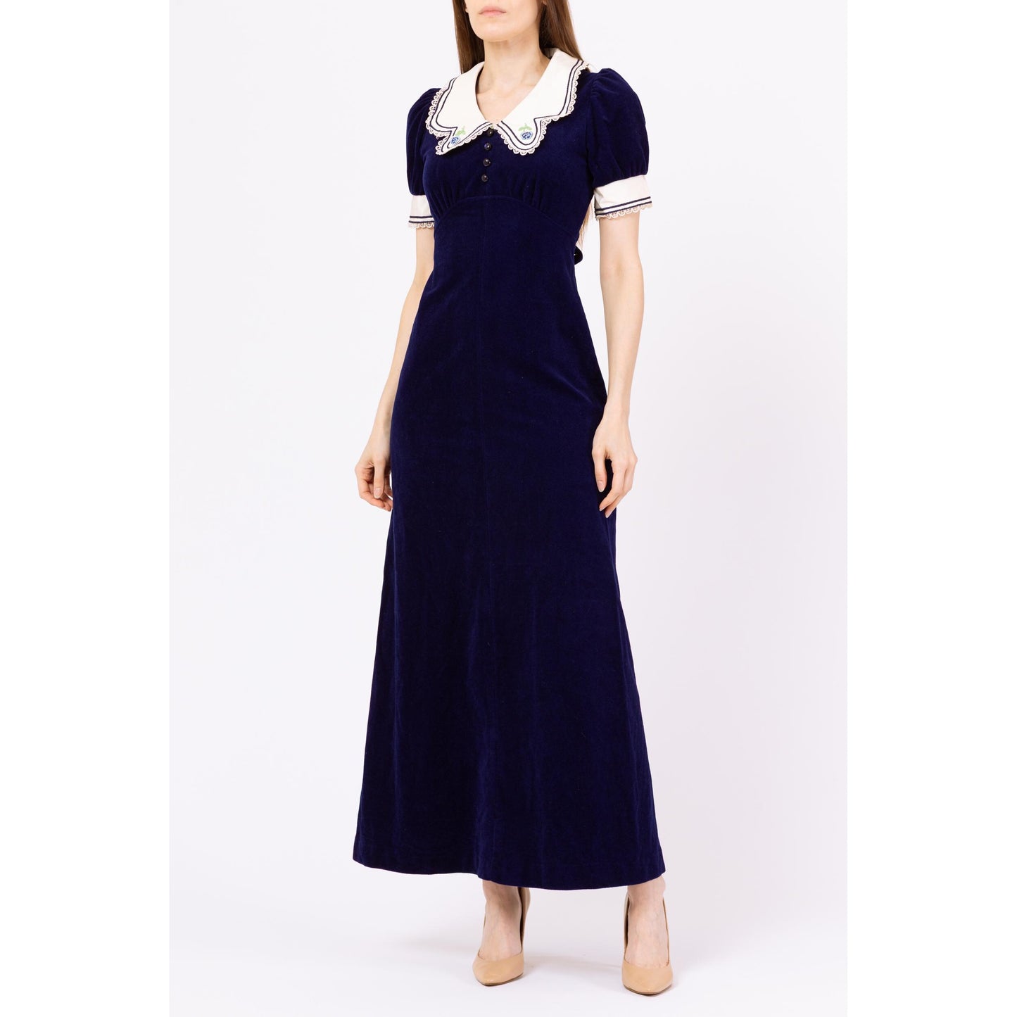 Vintage 70s Navy Blue Velour Sailor Collar Maxi Dress - Extra Small | Gothic A Line Babydoll Gown, Romantic Dark Academia Party Dress