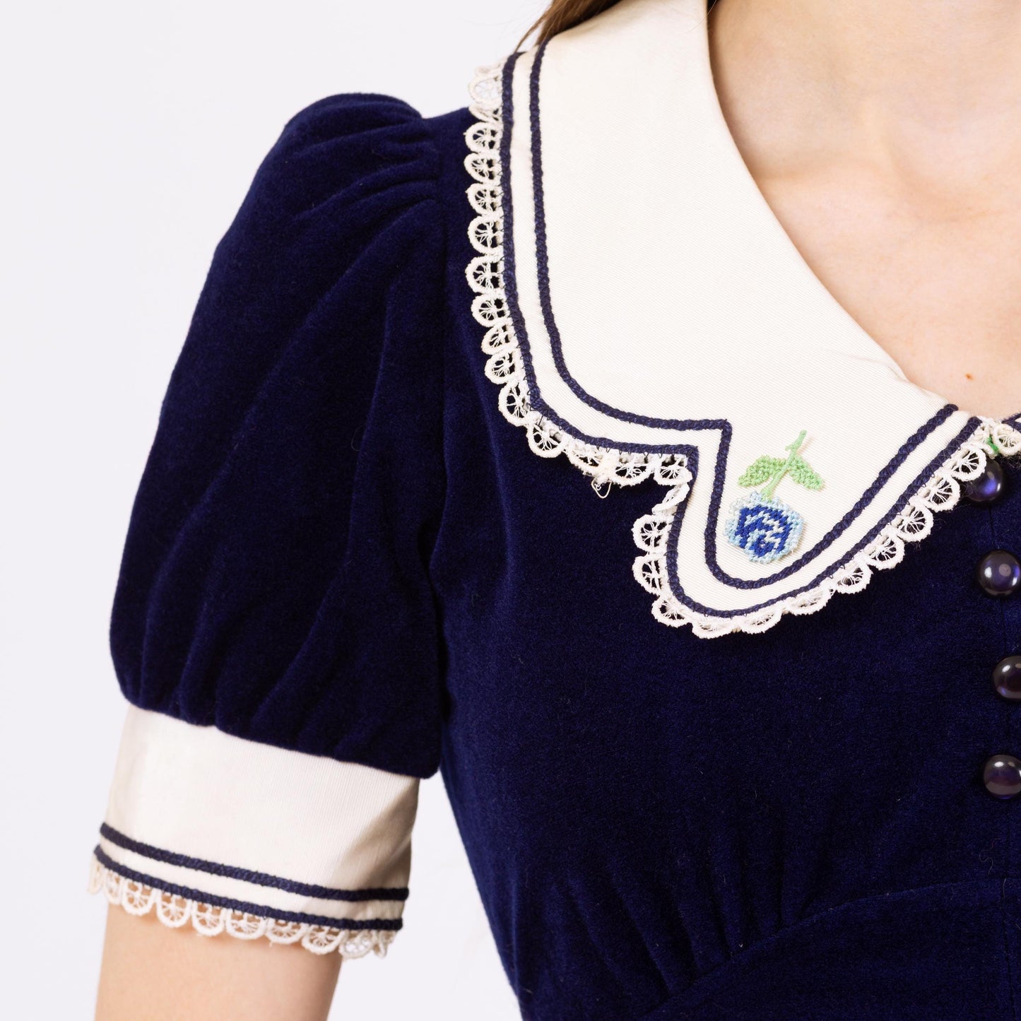Vintage 70s Navy Blue Velour Sailor Collar Maxi Dress - Extra Small | Gothic A Line Babydoll Gown, Romantic Dark Academia Party Dress