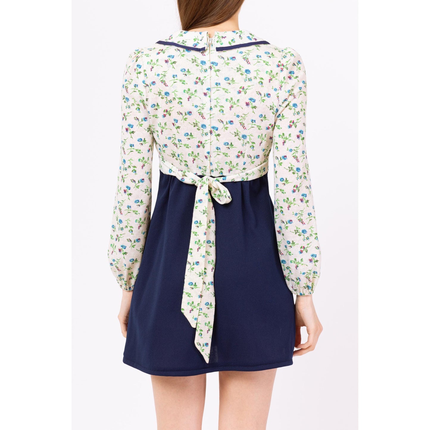 Vintage 70s Floral Sailor Collar Babydoll Mini Dress - Small | White & Blue Retro A Line Long Sleeve Cottagecore Dress