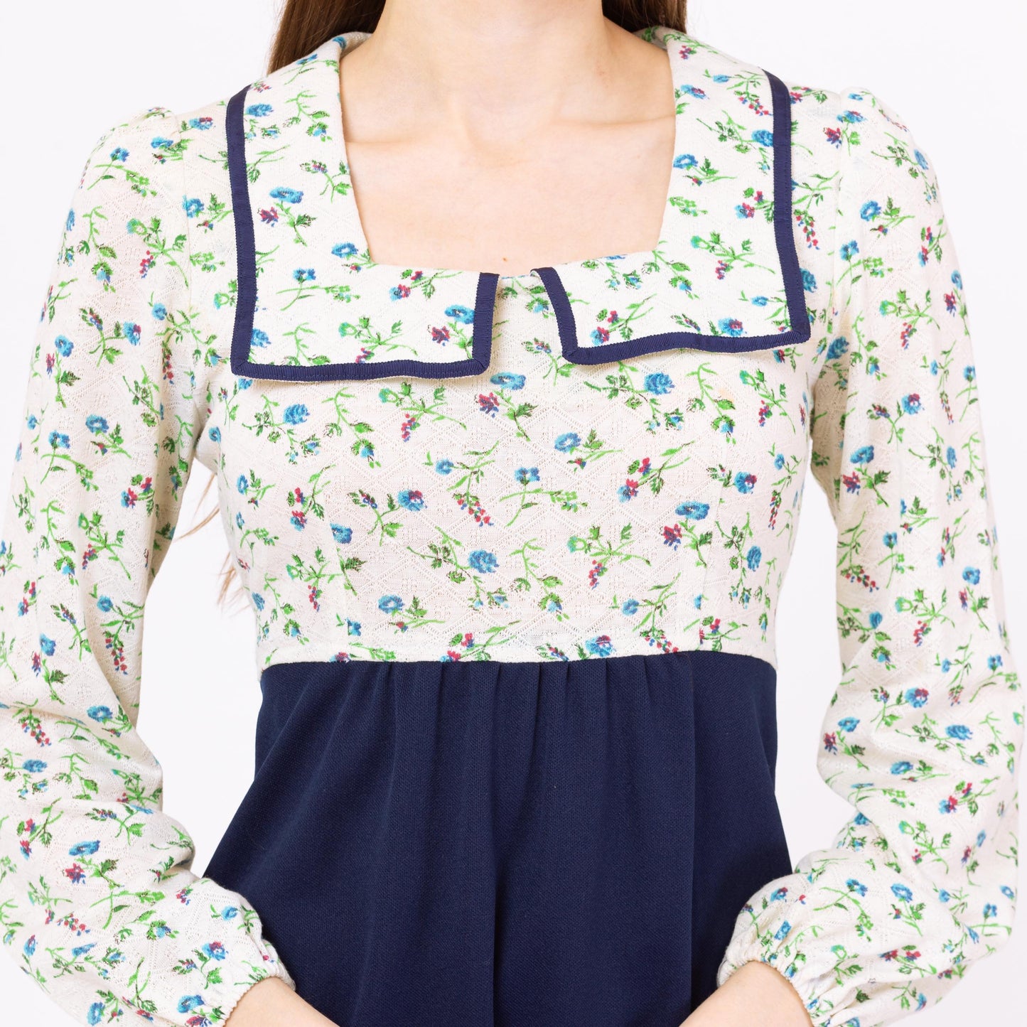 Vintage 70s Floral Sailor Collar Babydoll Mini Dress - Small | White & Blue Retro A Line Long Sleeve Cottagecore Dress