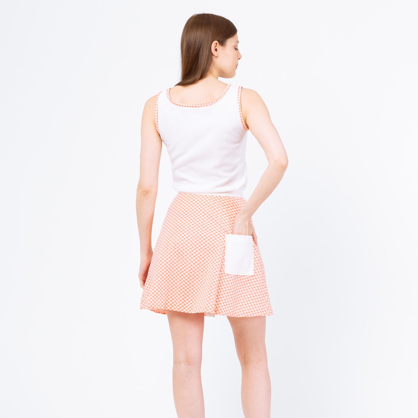 Vintage 70s Tennis Two Piece Skirt Set - Extra Small | White Orange Gingham Button Front Retro Sportswear Coquette Outfit