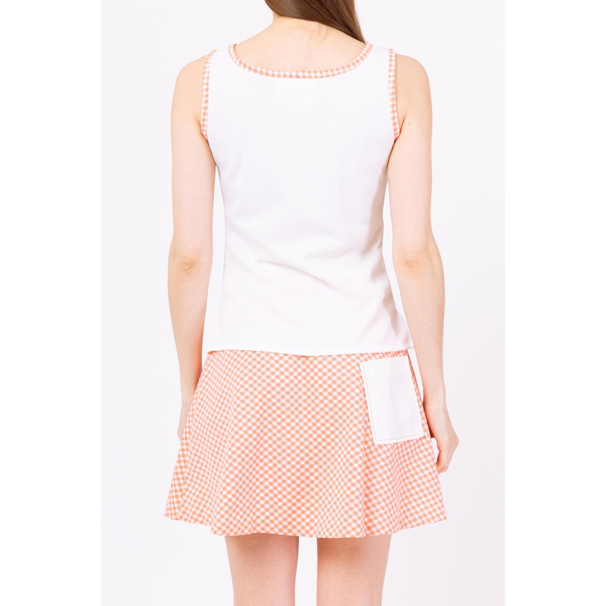 Vintage 70s Tennis Two Piece Skirt Set - Extra Small | White Orange Gingham Button Front Retro Sportswear Coquette Outfit
