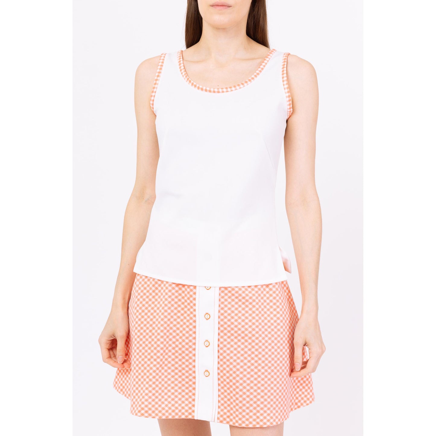 Vintage 70s Tennis Two Piece Skirt Set - Extra Small | White Orange Gingham Button Front Retro Sportswear Coquette Outfit