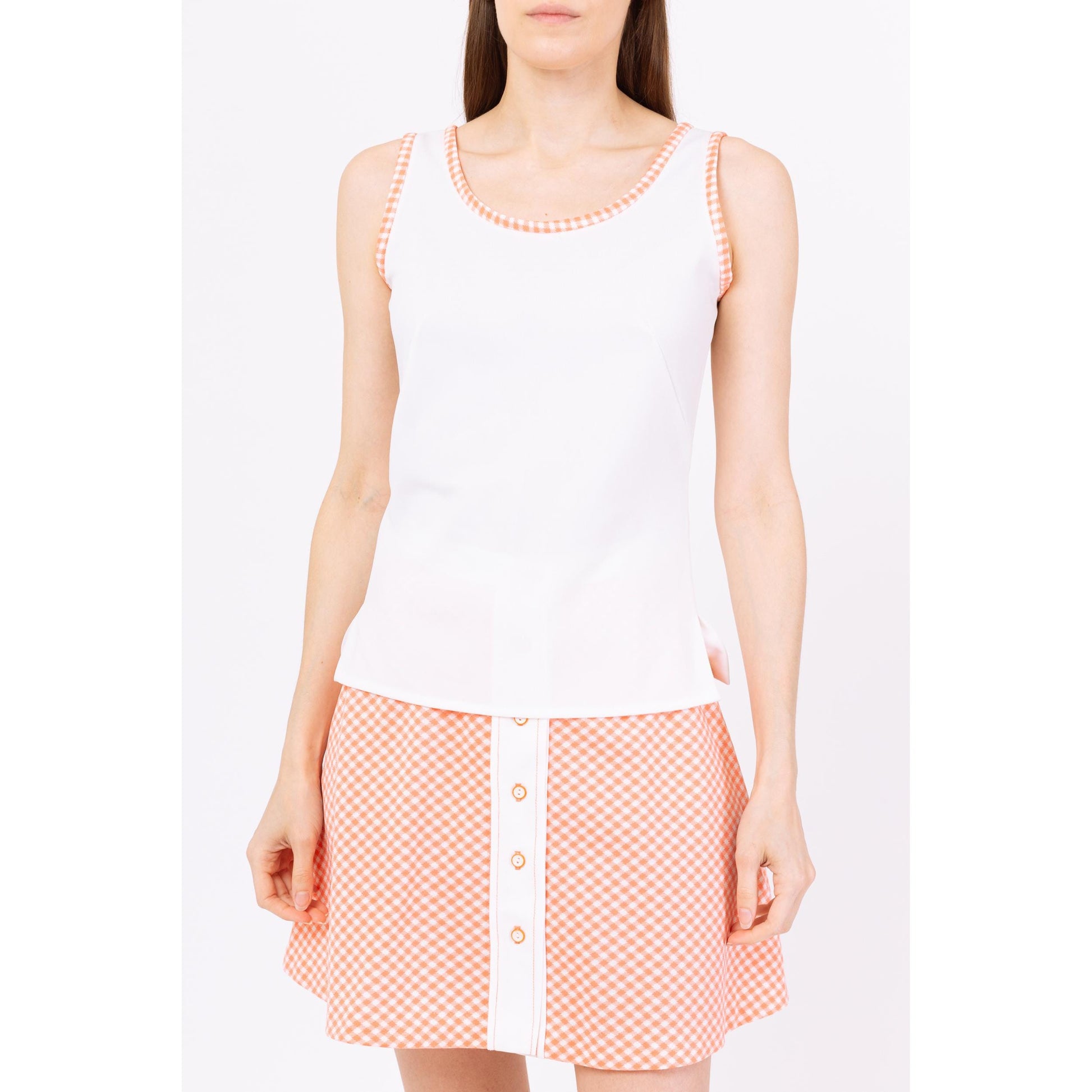 Vintage 70s Tennis Two Piece Skirt Set - Extra Small | White Orange Gingham Button Front Retro Sportswear Coquette Outfit