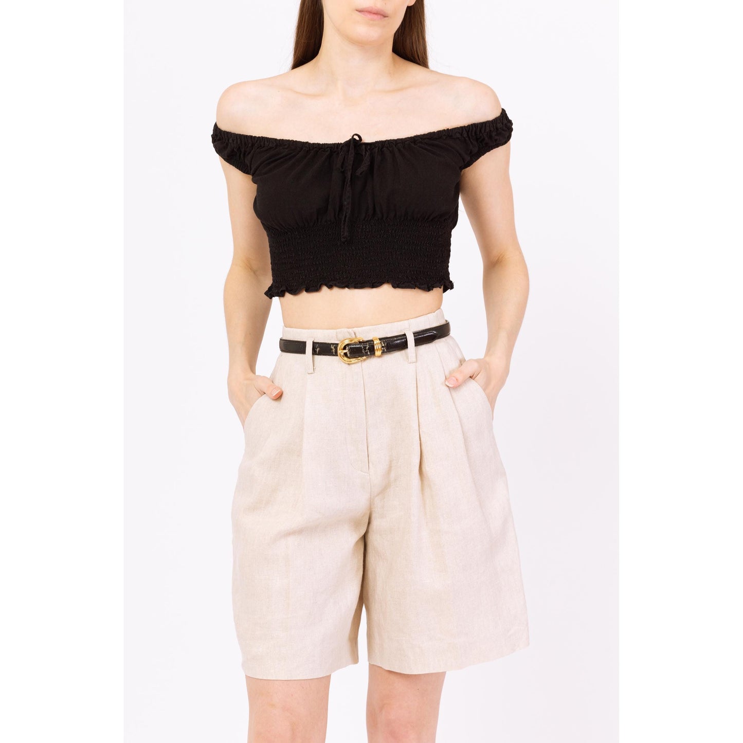 Vintage 90s Oatmeal Linen High Waisted Shorts - Extra Small, 24" Waist | Minimalist Khaki Wide Leg Pleated Long Inseam Shorts