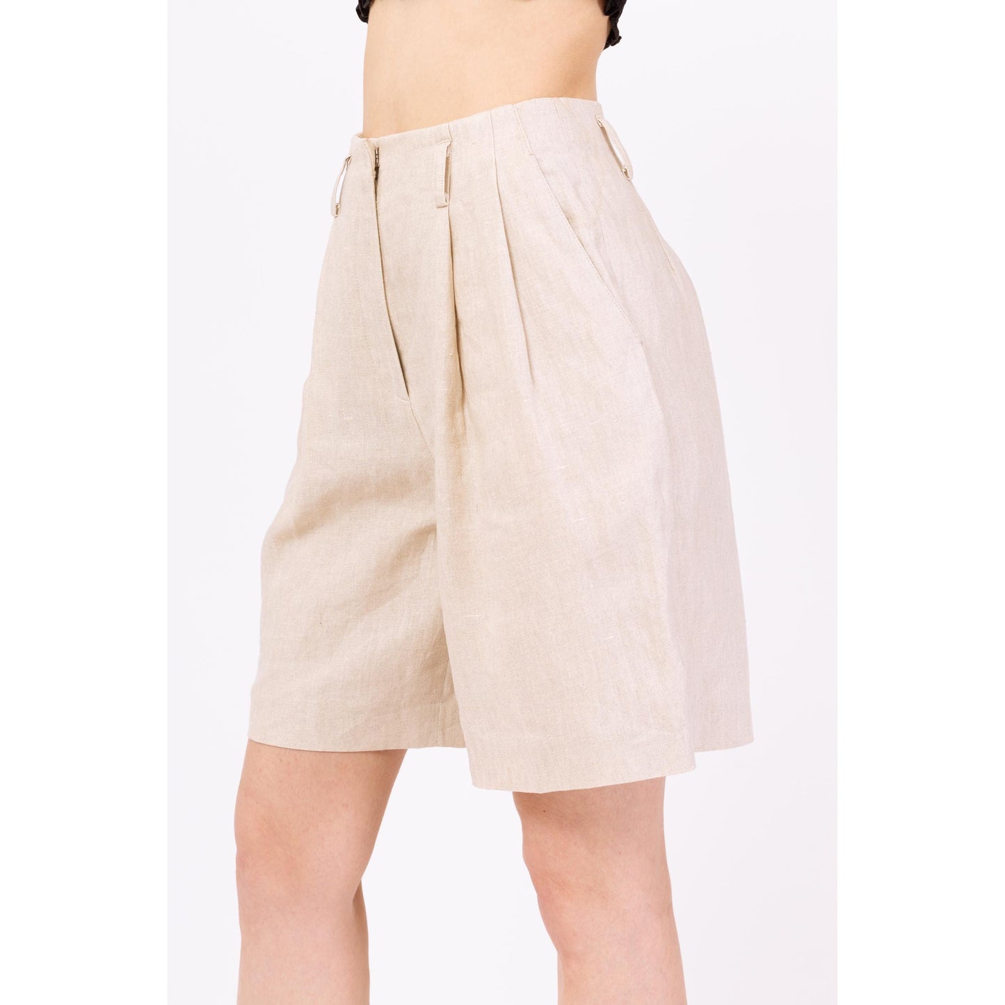 Vintage 90s Oatmeal Linen High Waisted Shorts - Extra Small, 24" Waist | Minimalist Khaki Wide Leg Pleated Long Inseam Shorts