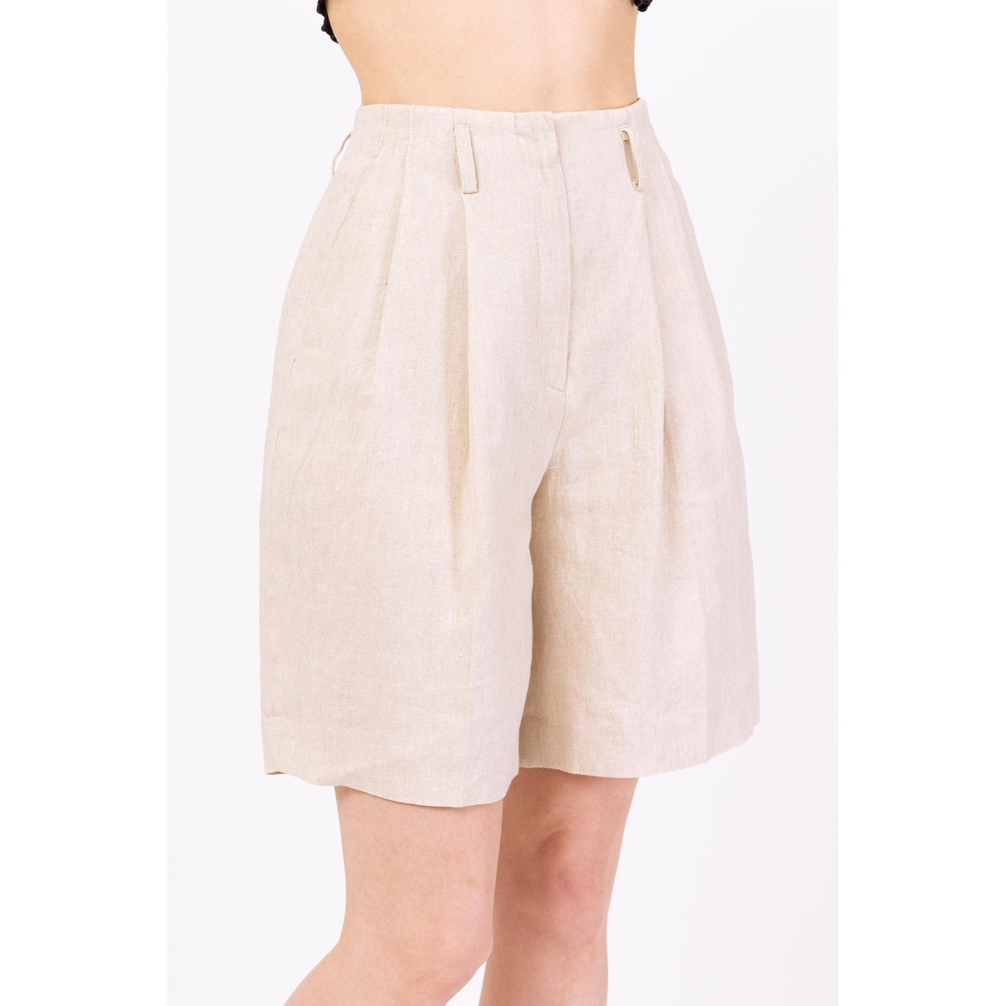 Vintage 90s Oatmeal Linen High Waisted Shorts - Extra Small, 24" Waist | Minimalist Khaki Wide Leg Pleated Long Inseam Shorts