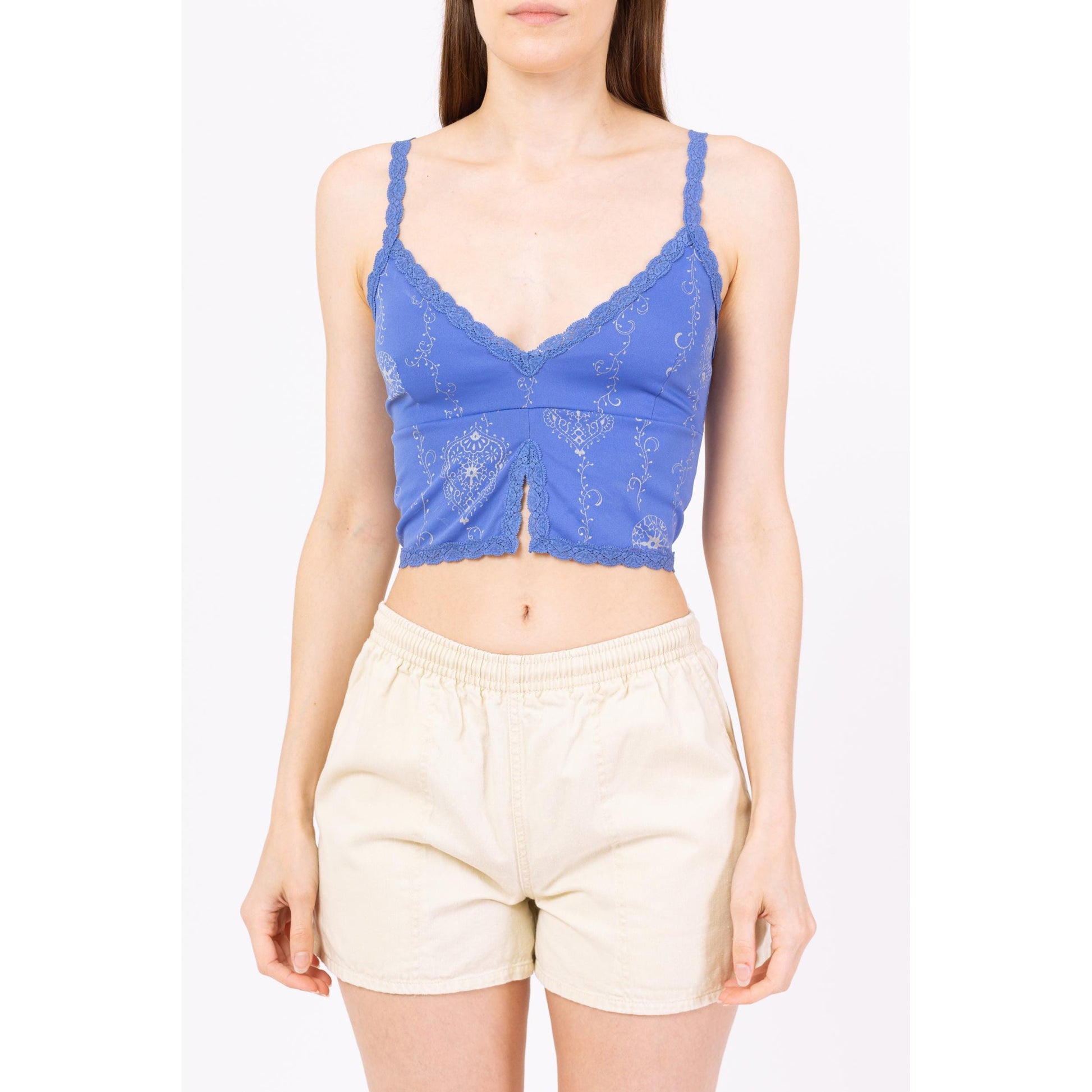 Vintage Y2K Periwinkle Split Front Crop Top - Small | Boho 2000s Vine Print Lace Trim Summer Cropped Camisole Tank