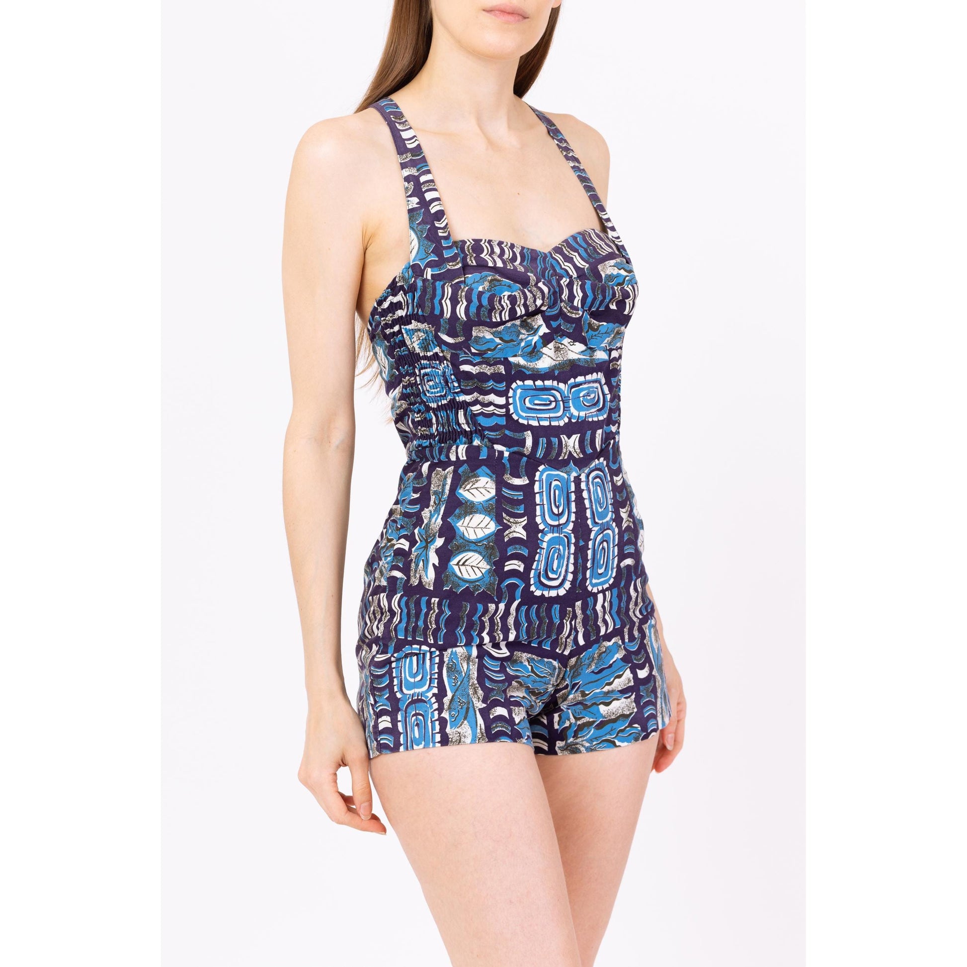 Vintage 1950s Jantzen Blue Tiki Print One Piece Swimsuit - Extra Small | Retro 50s Swimwear, Petite Hawaiian Pinup Playsuit Bathing Suit
