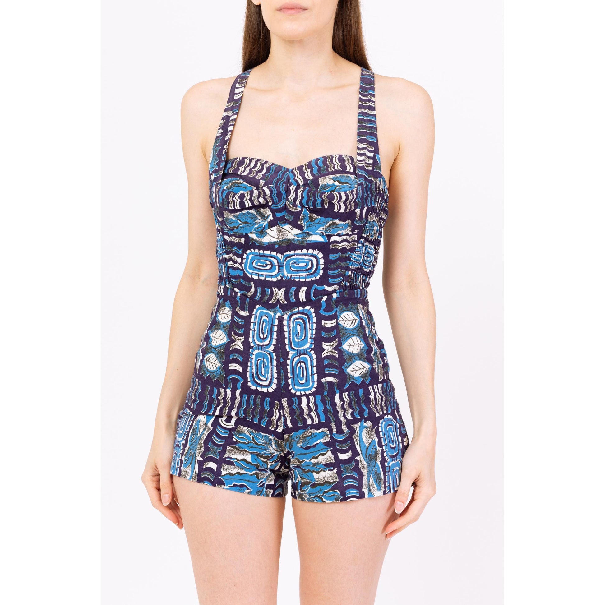 Vintage 1950s Jantzen Blue Tiki Print One Piece Swimsuit - Extra Small | Retro 50s Swimwear, Petite Hawaiian Pinup Playsuit Bathing Suit
