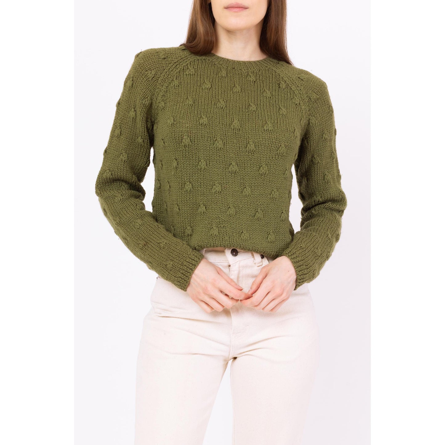 Vintage 60s Olive Green Wool Bobble Knit Sweater - Small to Medium | Boe Jests 3D Knit Pullover, Cottagecore Hand Knit Sweater