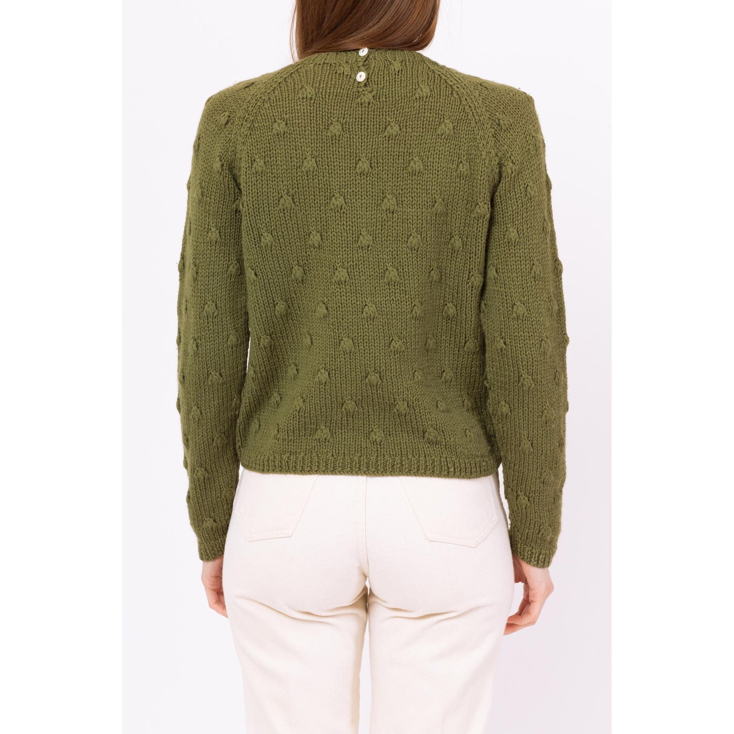 Vintage 60s Olive Green Wool Bobble Knit Sweater - Small to Medium | Boe Jests 3D Knit Pullover, Cottagecore Hand Knit Sweater