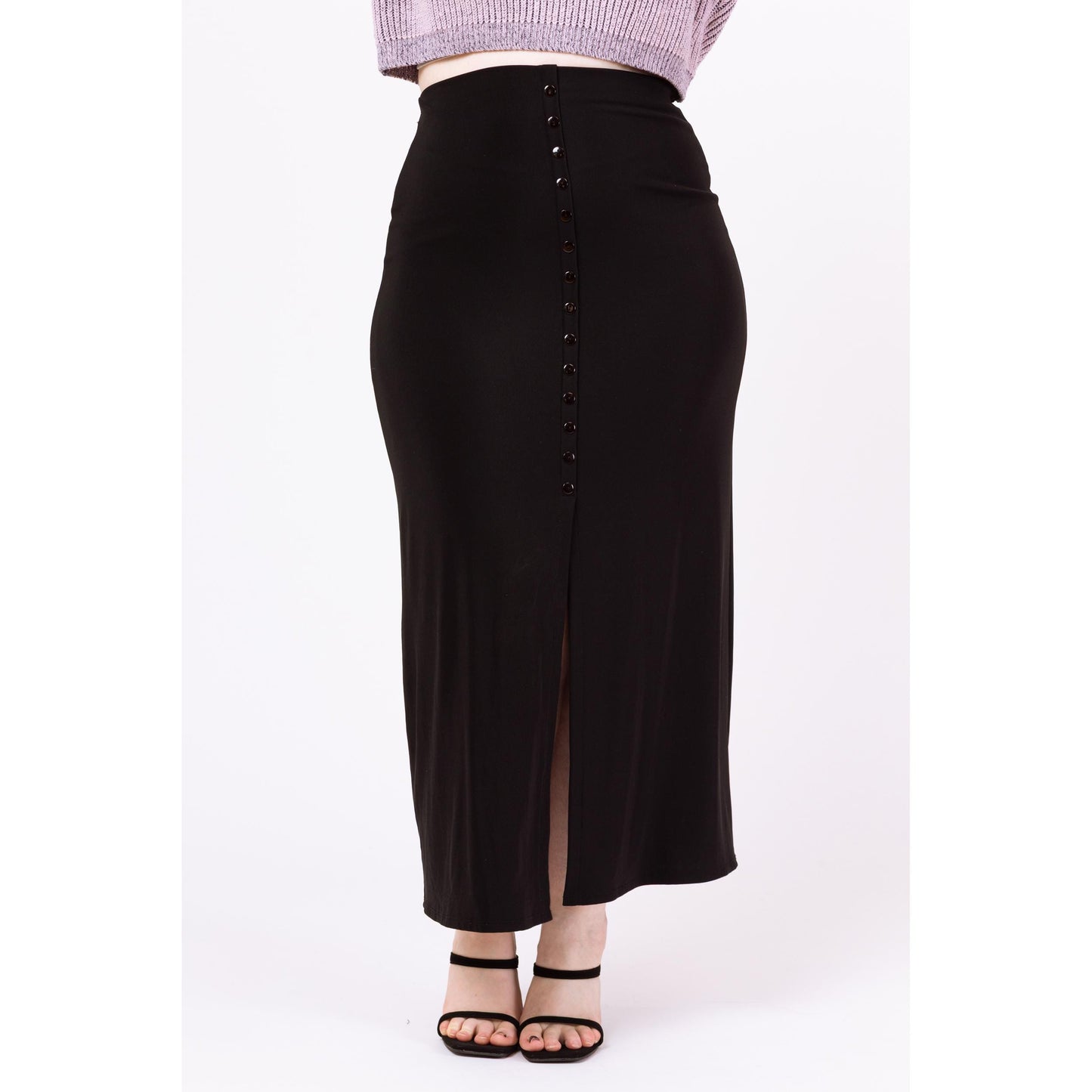 Vintage 90s Stretchy Black Minimalist Front Slit Maxi Skirt - Medium to Large | Ankle Length Grunge Slinky Button Up Pencil Skirt