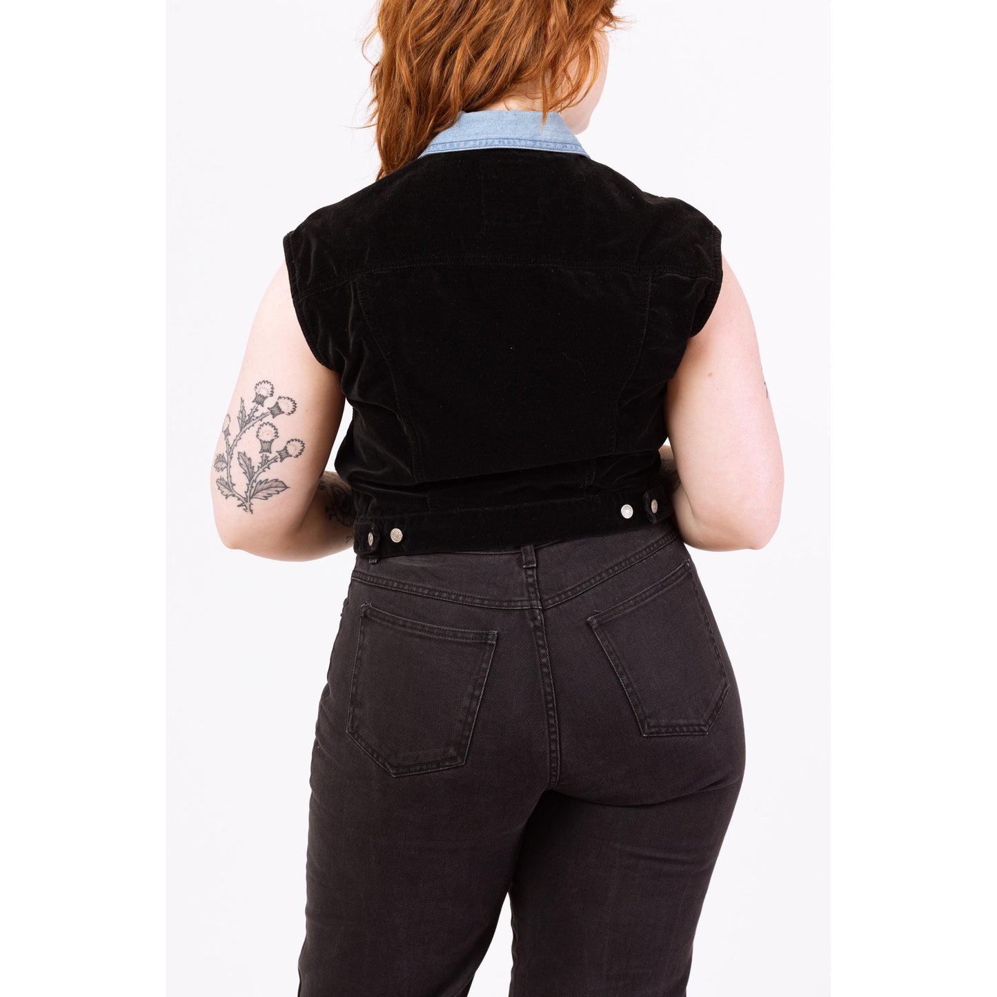 Vintage 90s Black Velvet Crop Top Vest - Large | Grunge Clothing, Sleeveless Denim Collared Shirt